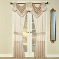 Luxury Elegante Sophisticated Polyester Faux Silk Window Treatment | Light Cream Ivory Metallic Gold | Sparkle Sequins Embroidery Floral | 3 Piece Set with Two Toga Swag Valances and 84L Curtain Pair