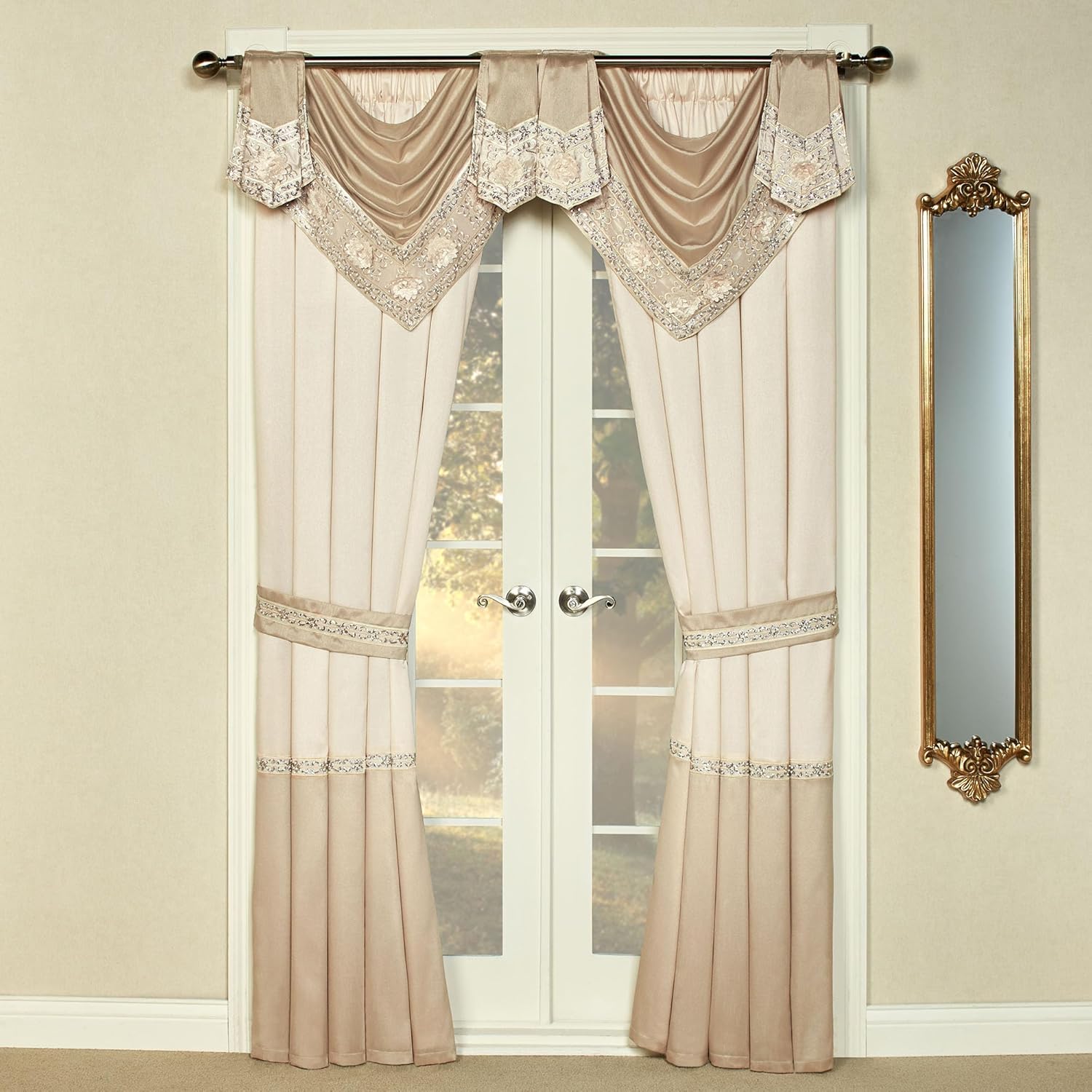 Luxury Elegante Sophisticated Polyester Faux Silk Window Treatment | Light Cream Ivory Metallic Gold | Sparkle Sequins Embroidery Floral | 3 Piece Set with Two Toga Swag Valances and 84L Curtain Pair
