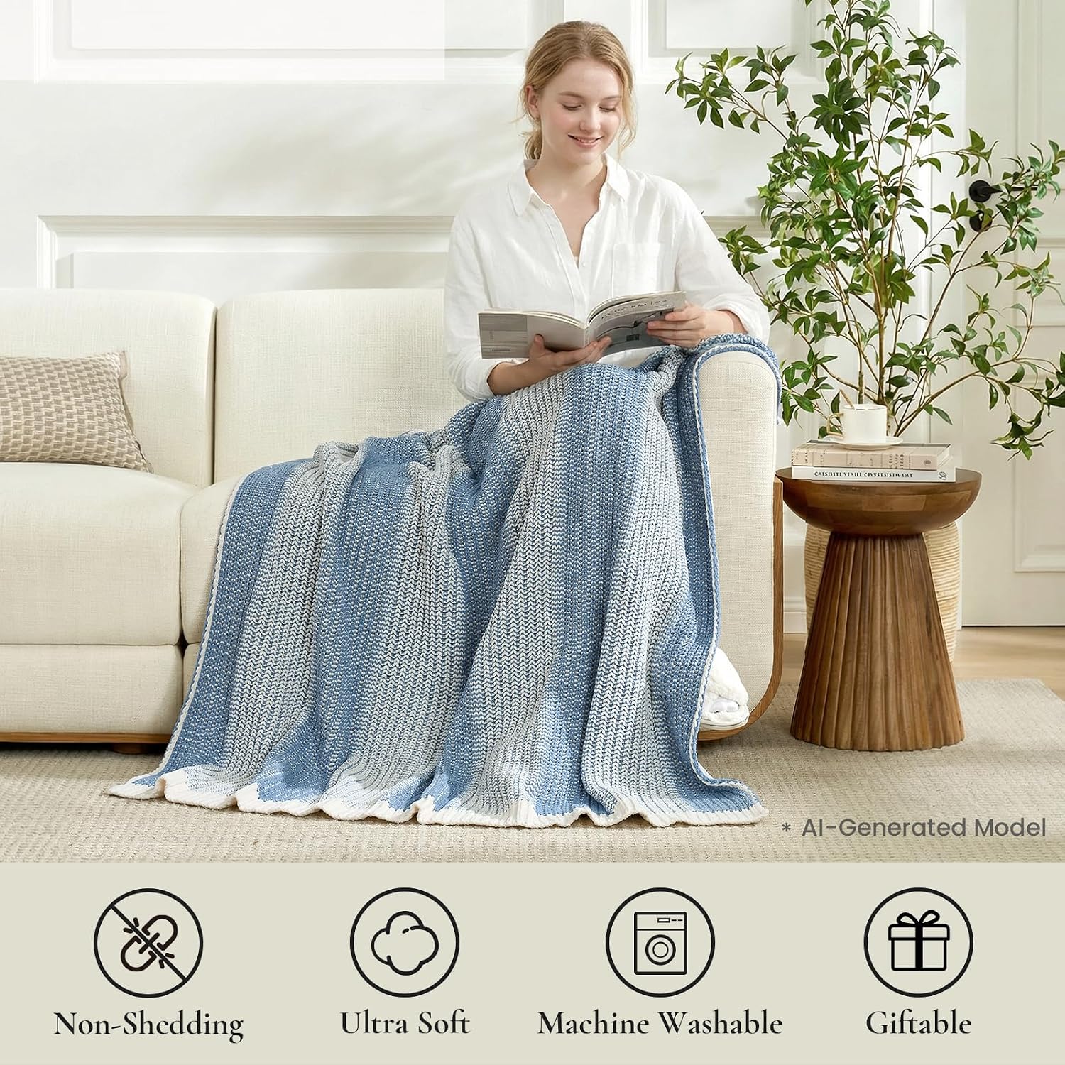 Amélie Home Premium Chenille Throw Blanket, Soft Cozy Luxury Two-Tone Knit Blanket for Couch, Sofa, Chair, Home Decor, Blue & Ivory 50"x60"
