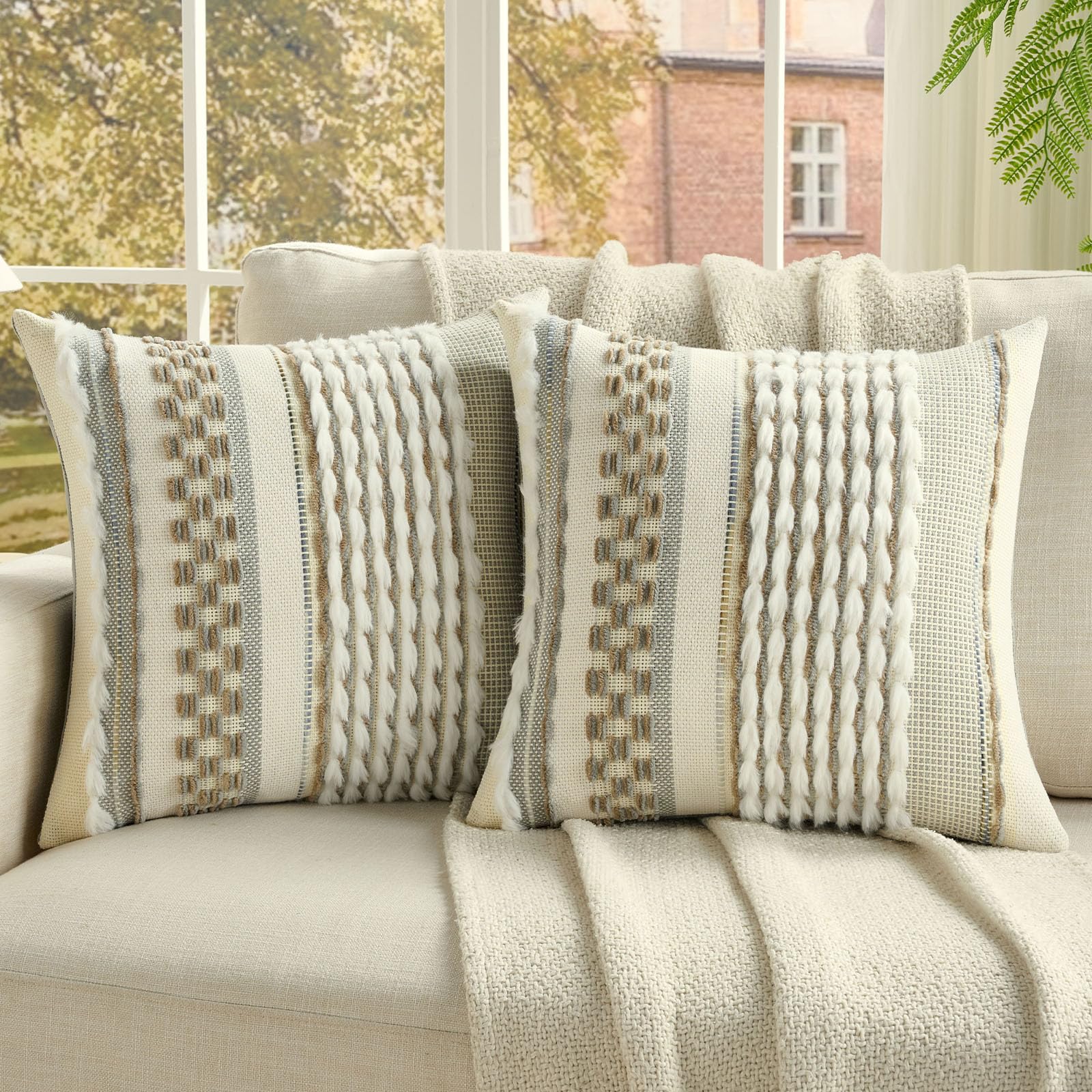 FUTEI Pack of 2 Boho Chenille Decorative Throw Pillow Covers 18x18 Inch Soft Plush Tufted Striped Textured Cushion Case,Farmhouse Accent for Couch Bed Living Room, Orange