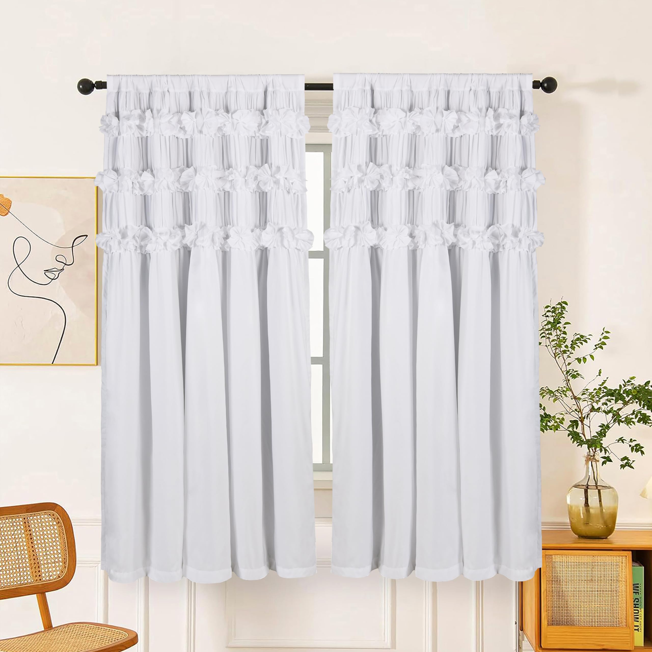 Homechoice Decor Camel Blackout Curtains with Handmade Ruffles, Butterfly Flower Embellishments for Thermal Insulated Room Darkening Drapes, 42" W x 63" L (Pair) for Bedroom, Living Room (LQ-37)