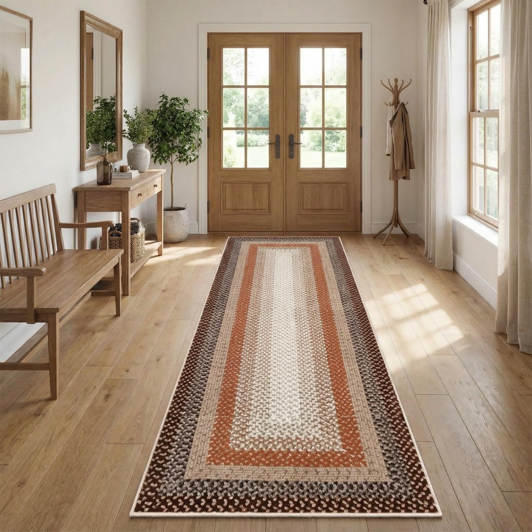 8x10 Natural Braided Washable Farmhouse Rug Non Slip Stain Resistant Low Pile Carpet