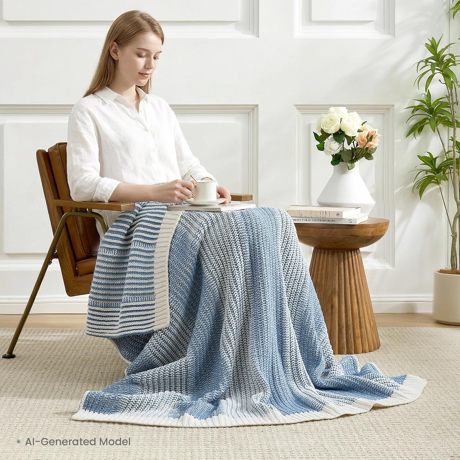 Amélie Home Premium Chenille Throw Blanket, Soft Cozy Luxury Two-Tone Knit Blanket for Couch, Sofa, Chair, Home Decor, Blue & Ivory 50"x60"