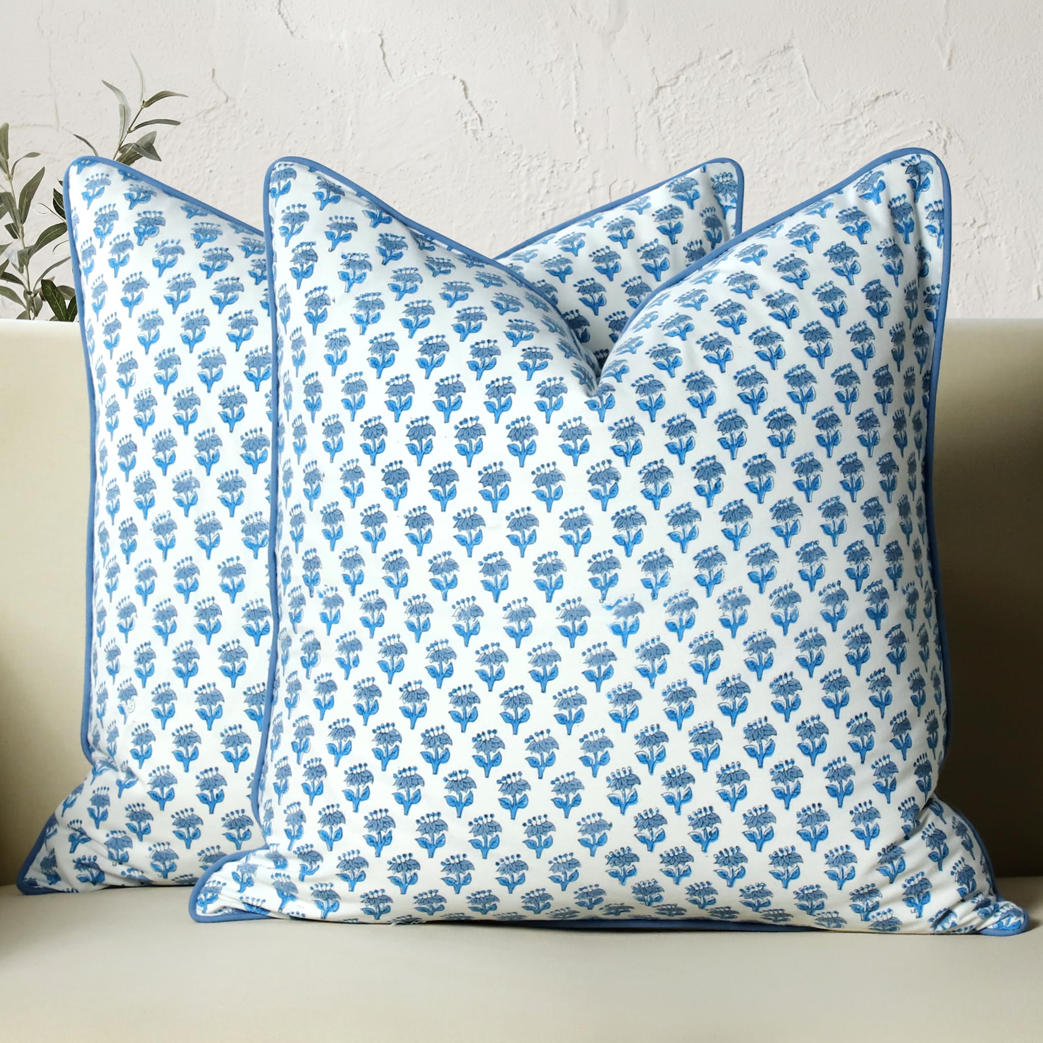 CPC 100% Cotton Throw Pillow Covers 24x24 Inch, Set of 2 Green Block Print Pattern Couch Pillow, Cute Boho Decorative Pillows for Living Room, Bedroom with Hidden Zipper- Emerald Green