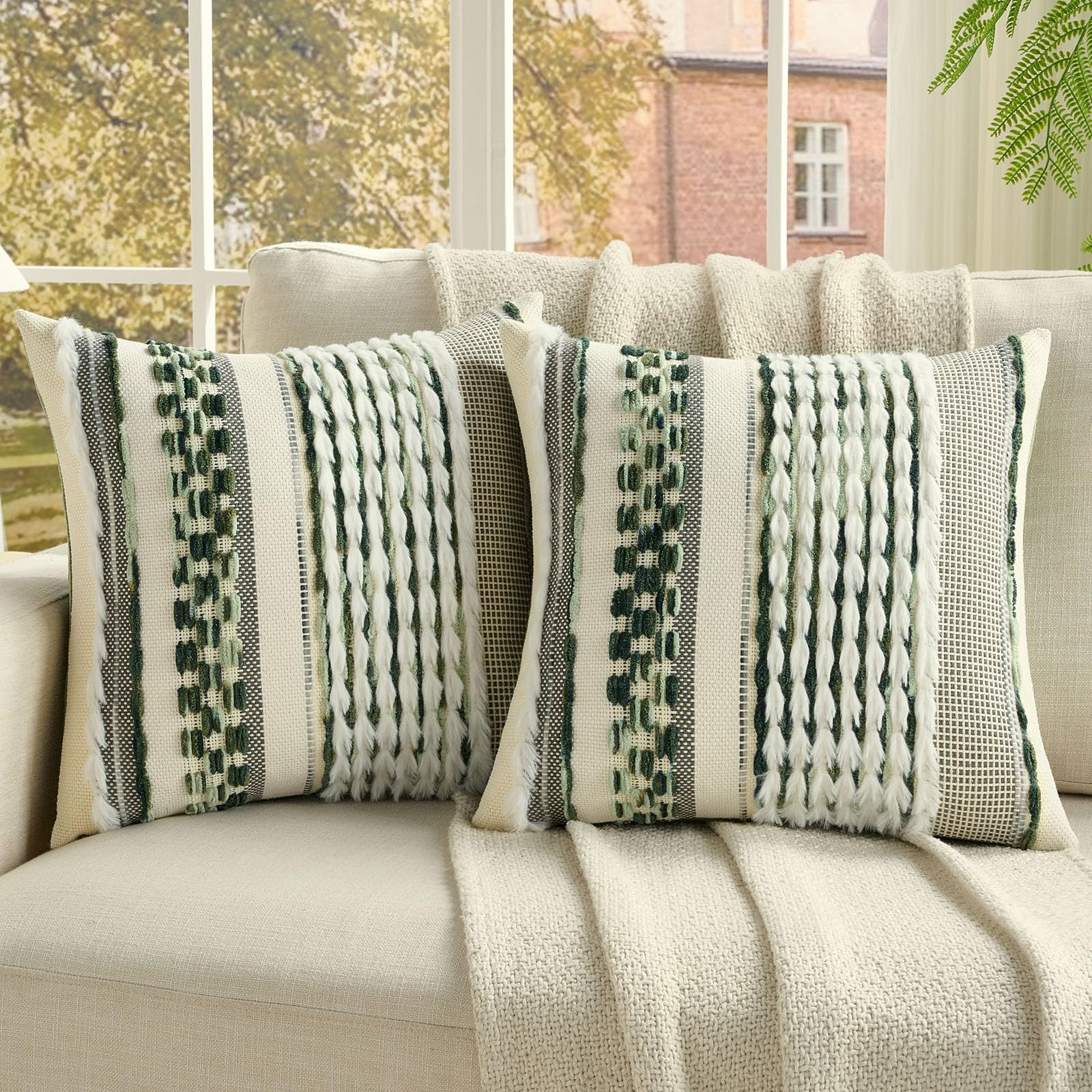 FUTEI Pack of 2 Boho Chenille Decorative Throw Pillow Covers 18x18 Inch Soft Plush Tufted Striped Textured Cushion Case,Farmhouse Accent for Couch Bed Living Room, Orange