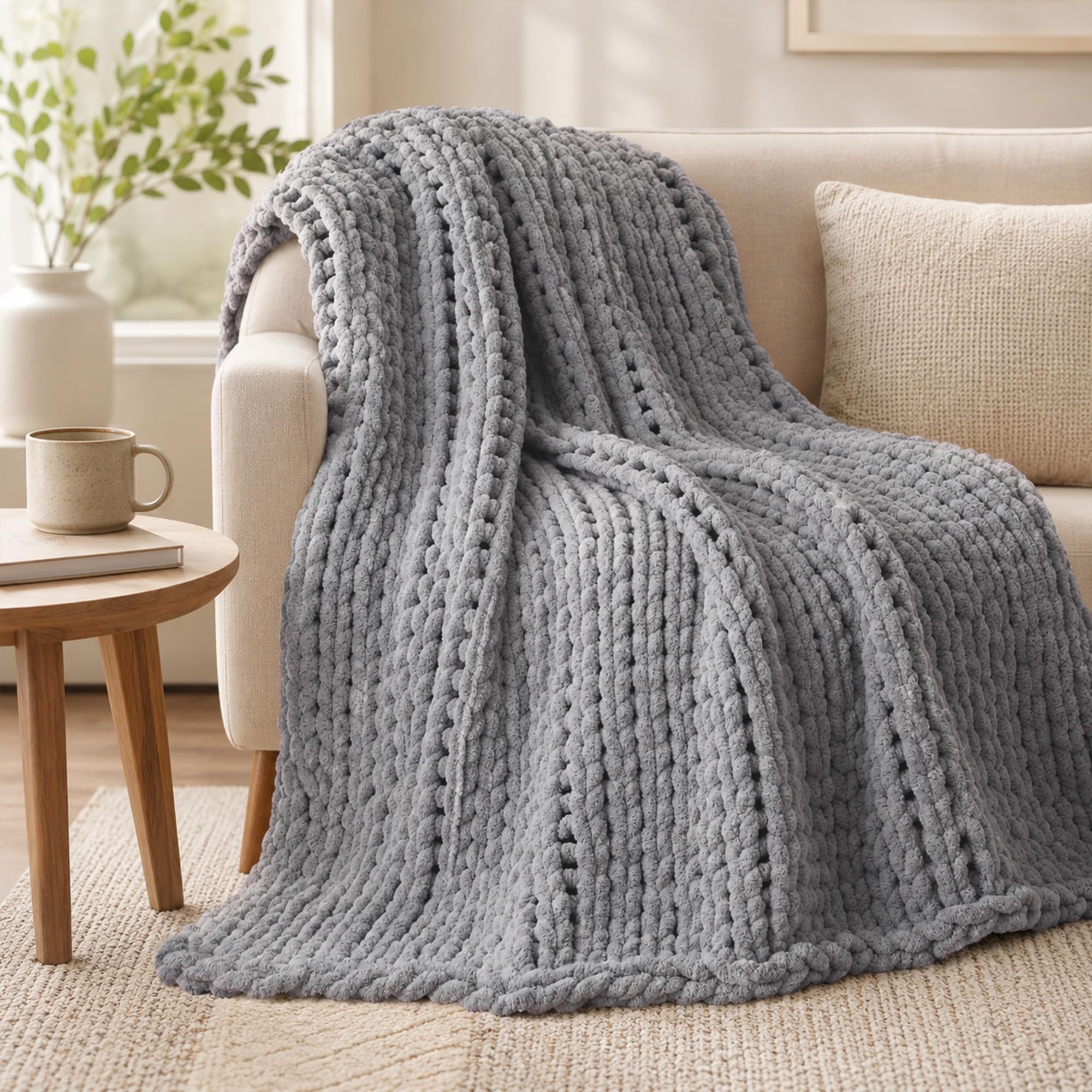 Battilo Chunky Knit Throw Blanket for Couch, Soft and Thick Chenille Throw Blanket, 50"x60" Handmade Cable Knit Crochet Blanket, Bluish Grey Knot Knitted Throw Blankets for Home Decor, Bluish Grey