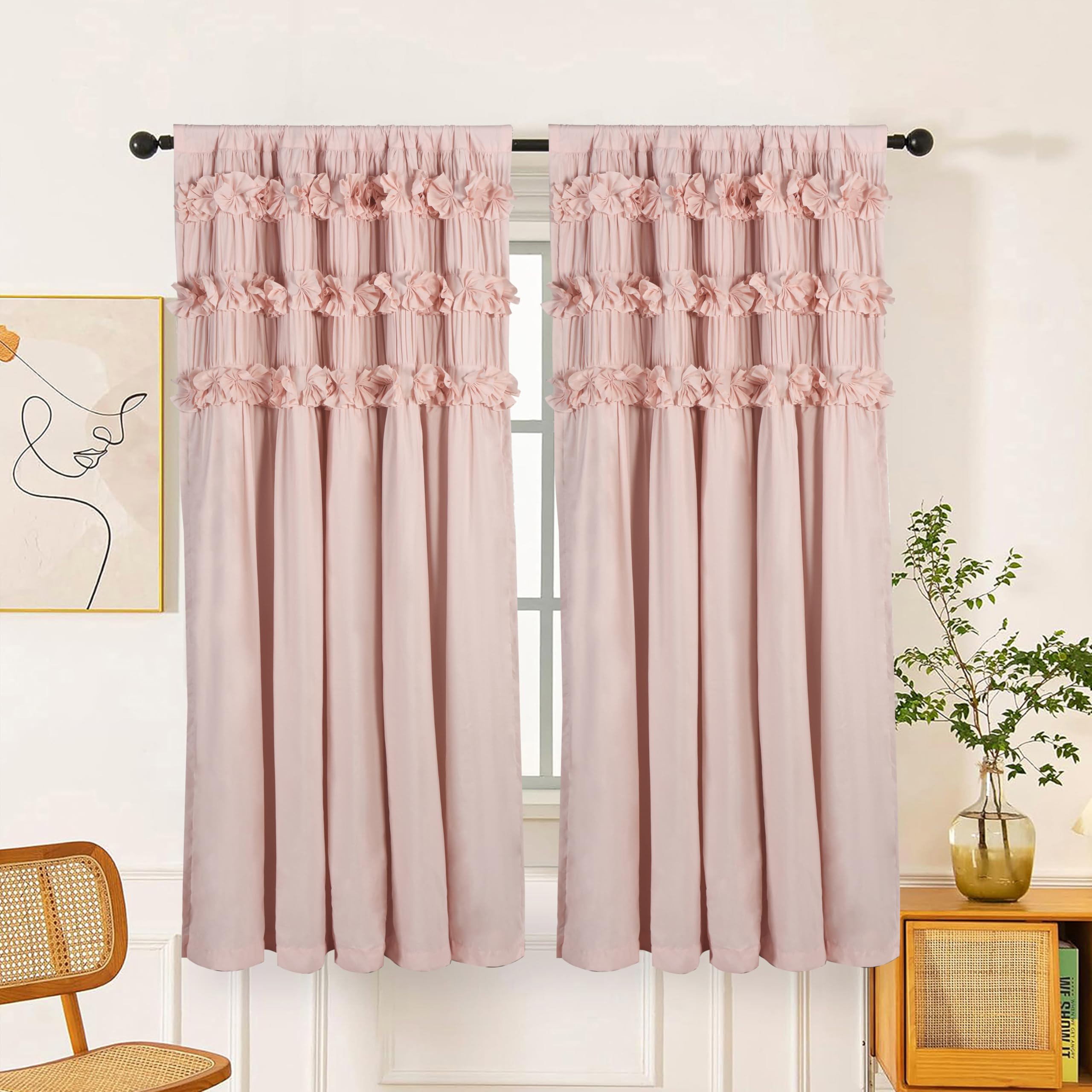 Homechoice Decor Camel Blackout Curtains with Handmade Ruffles, Butterfly Flower Embellishments for Thermal Insulated Room Darkening Drapes, 42" W x 63" L (Pair) for Bedroom, Living Room (LQ-37)