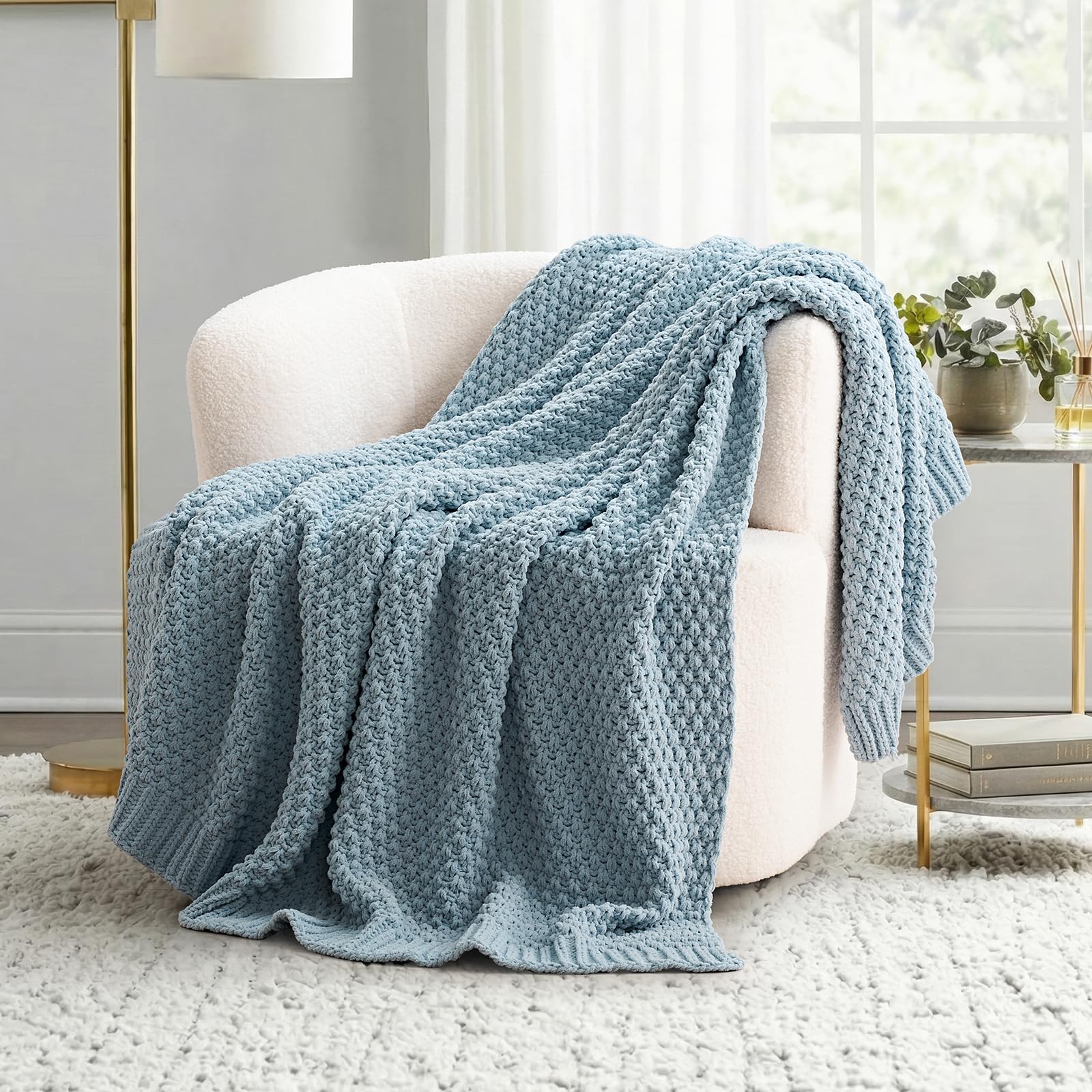 EVERGRACEHOME Chunky Chenille Knit Throw Blanket for Couch, Soft Luxurious Moss Stitch Blankets for Bed, Cozy Decorative Farmhouse Knitted Throws for Sofa, Mocha Brown, 50" x 60"