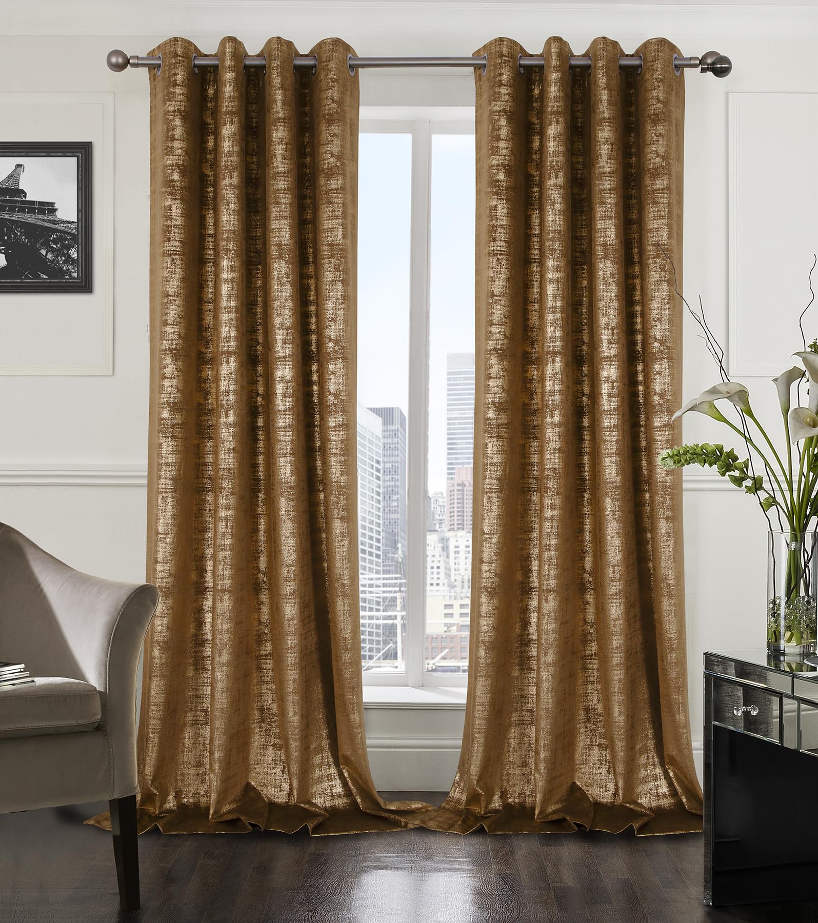 Mocha Velvet 108" Long Curtains with Gold Foil Print Set of 2 Luxury Window Treatments