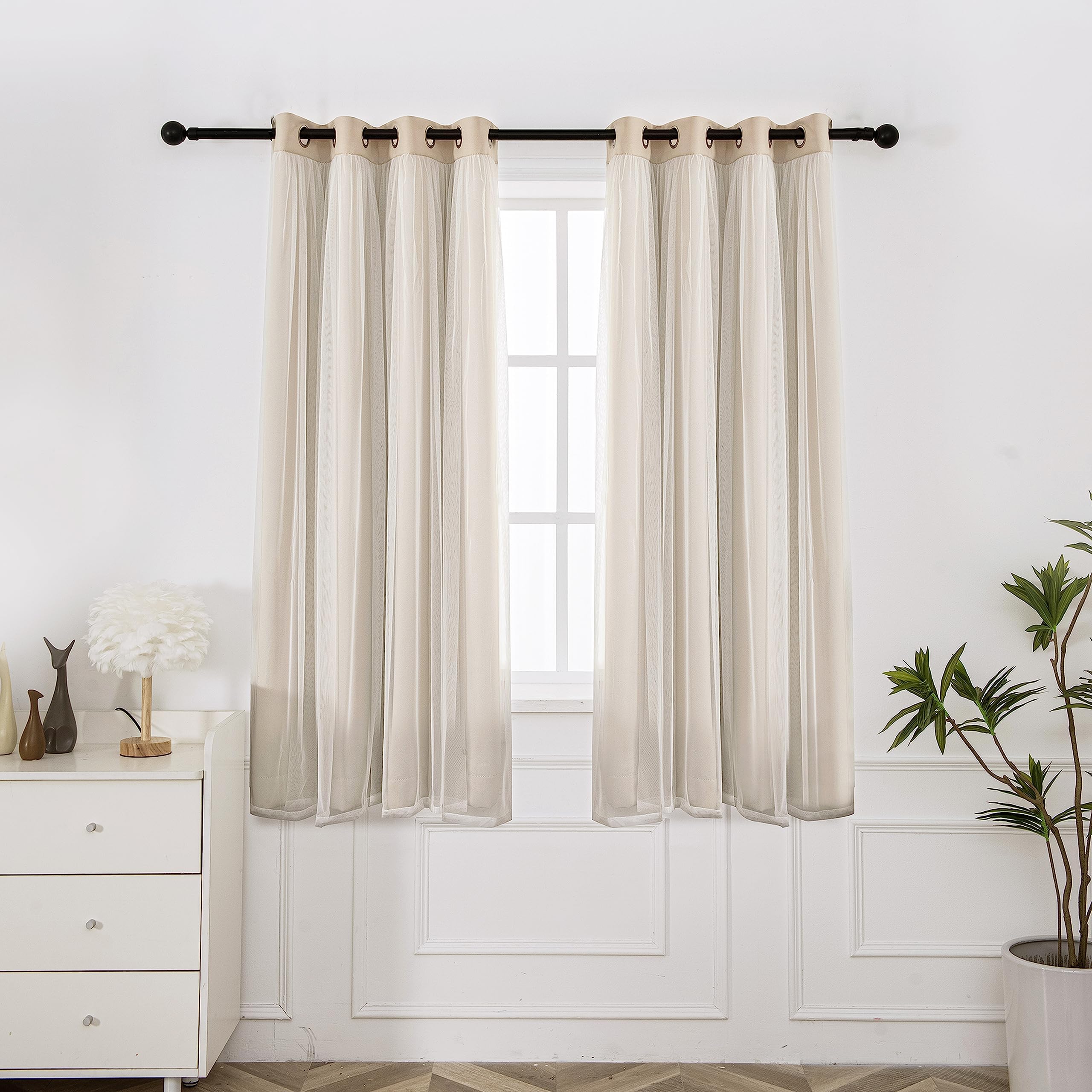INLINAS Beige Blackout Curtains with Sheer Overlay - Grommet Top Thermal and Noise Reduction Panels for Bedroom and Living Room Light Blocking and Energy Saving, 52 x 84 Inches, Set of 2