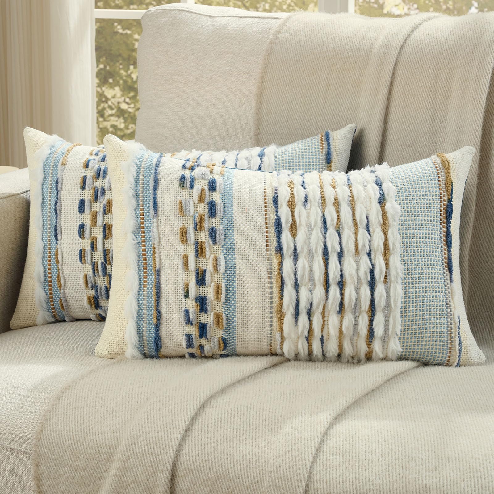 FUTEI Pack of 2 Boho Chenille Decorative Throw Pillow Covers 18x18 Inch Soft Plush Tufted Striped Textured Cushion Case,Farmhouse Accent for Couch Bed Living Room, Orange