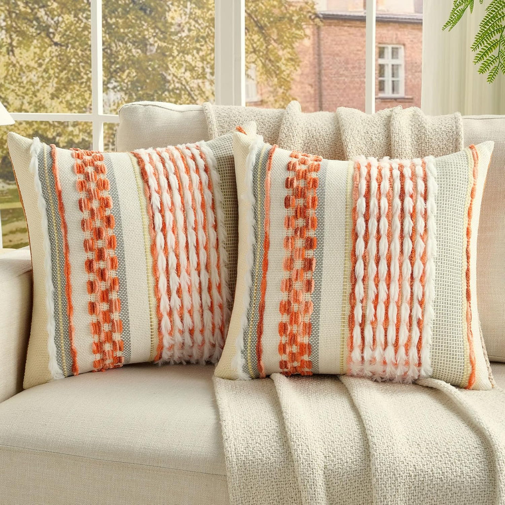 FUTEI Pack of 2 Boho Chenille Decorative Throw Pillow Covers 18x18 Inch Soft Plush Tufted Striped Textured Cushion Case,Farmhouse Accent for Couch Bed Living Room, Orange