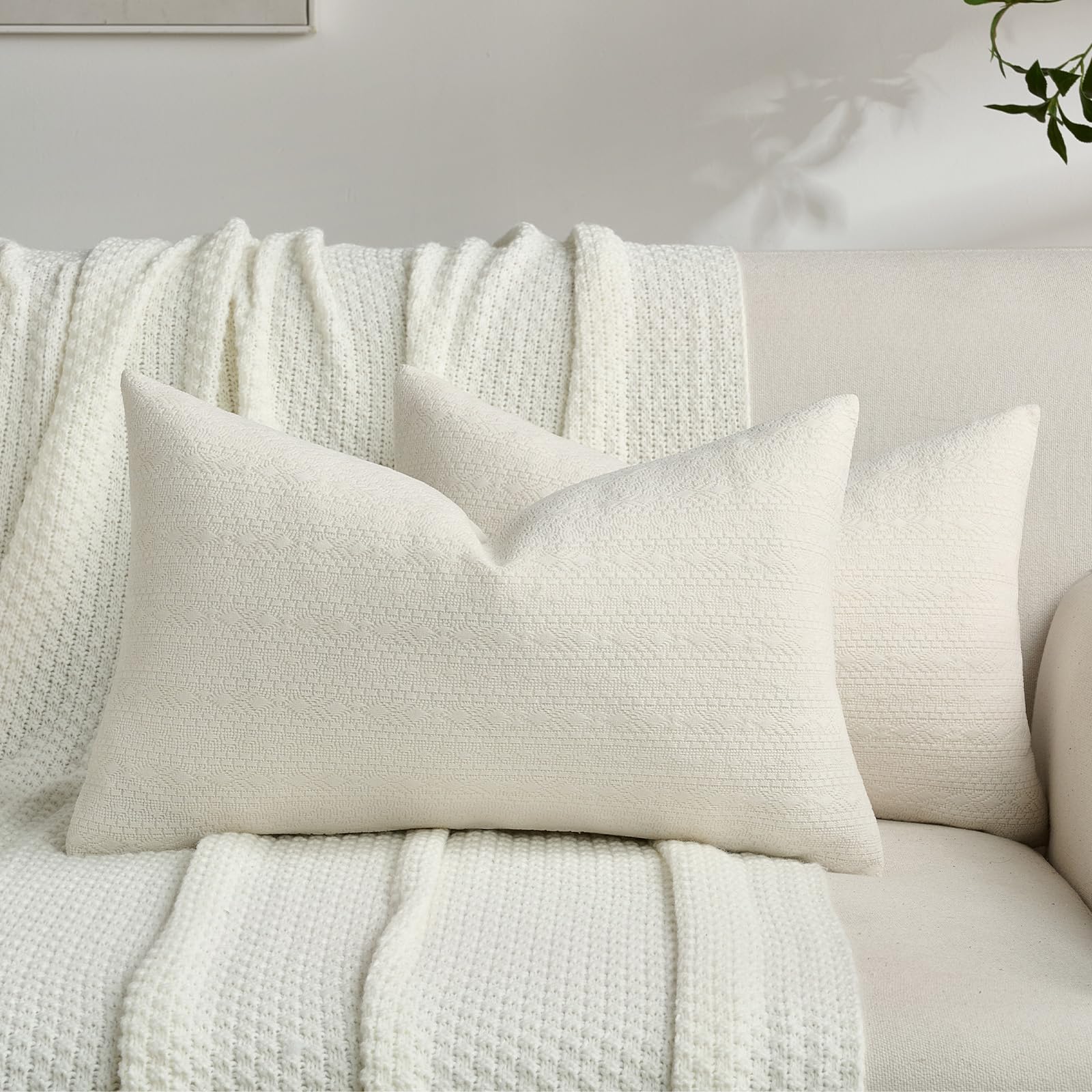 FUTEI Pack of 2 Solid Chenille Throw Pillow Covers 18x18 Inch Soft Farmhouse Decorative Accent Cushion Cases Modern Home Decor for Couch Living Room, Cream