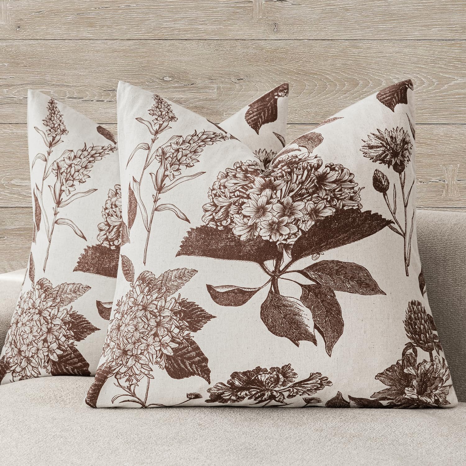 Foindtower Set of 2 Linen Floral Throw Pillow Covers Neutral Vintage Print Decorative Cushion Covers Farmhouse Boho Home Decor for Sofa Chair Couch Bedroom Living Room,22×22 Inch,Sage Green