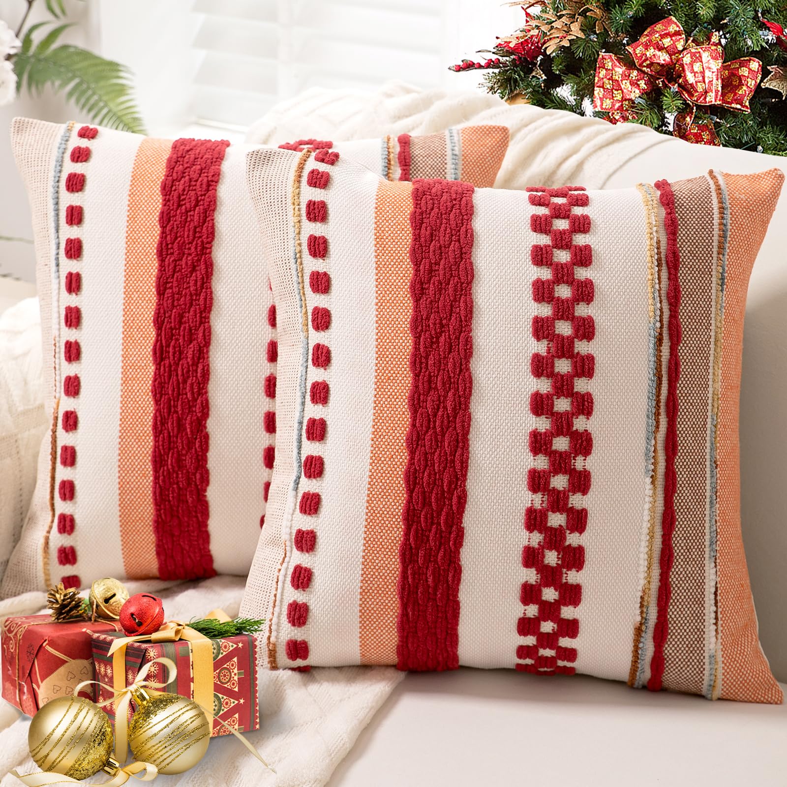 Boho Throw Pillow Covers 18x18 Set of 2 Farmhouse Decorative Cushion Case Striped Square Pillows Cover Chenille Pillow Cases Accent Neutral Pillowcase for Sofa Couch Bed,Yellow