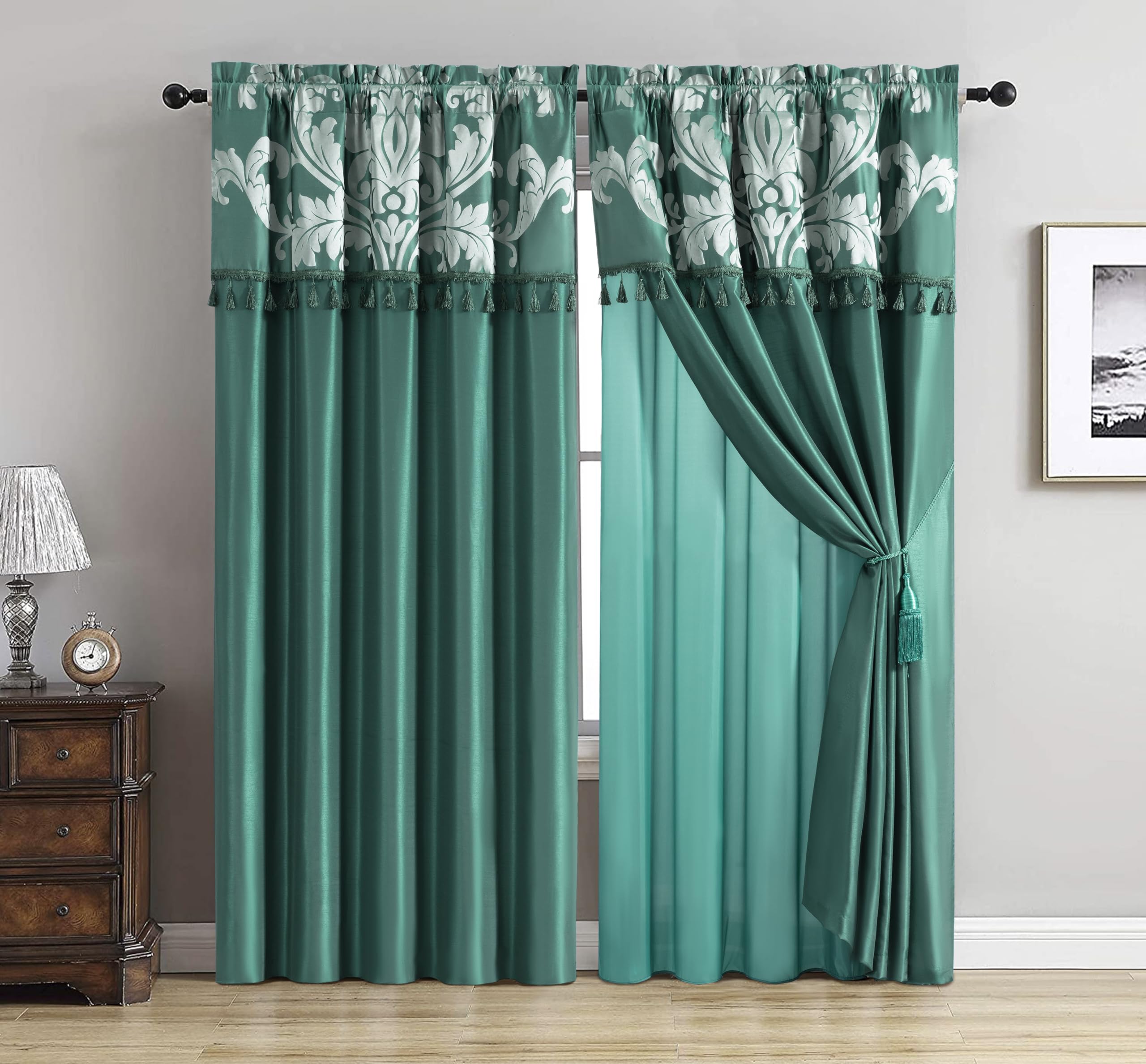 Chezmoi Collection Royale 4-Piece Jacquard Floral Window Curtain/Drape Set with Sheer Backing Valance Tassels, Champagne