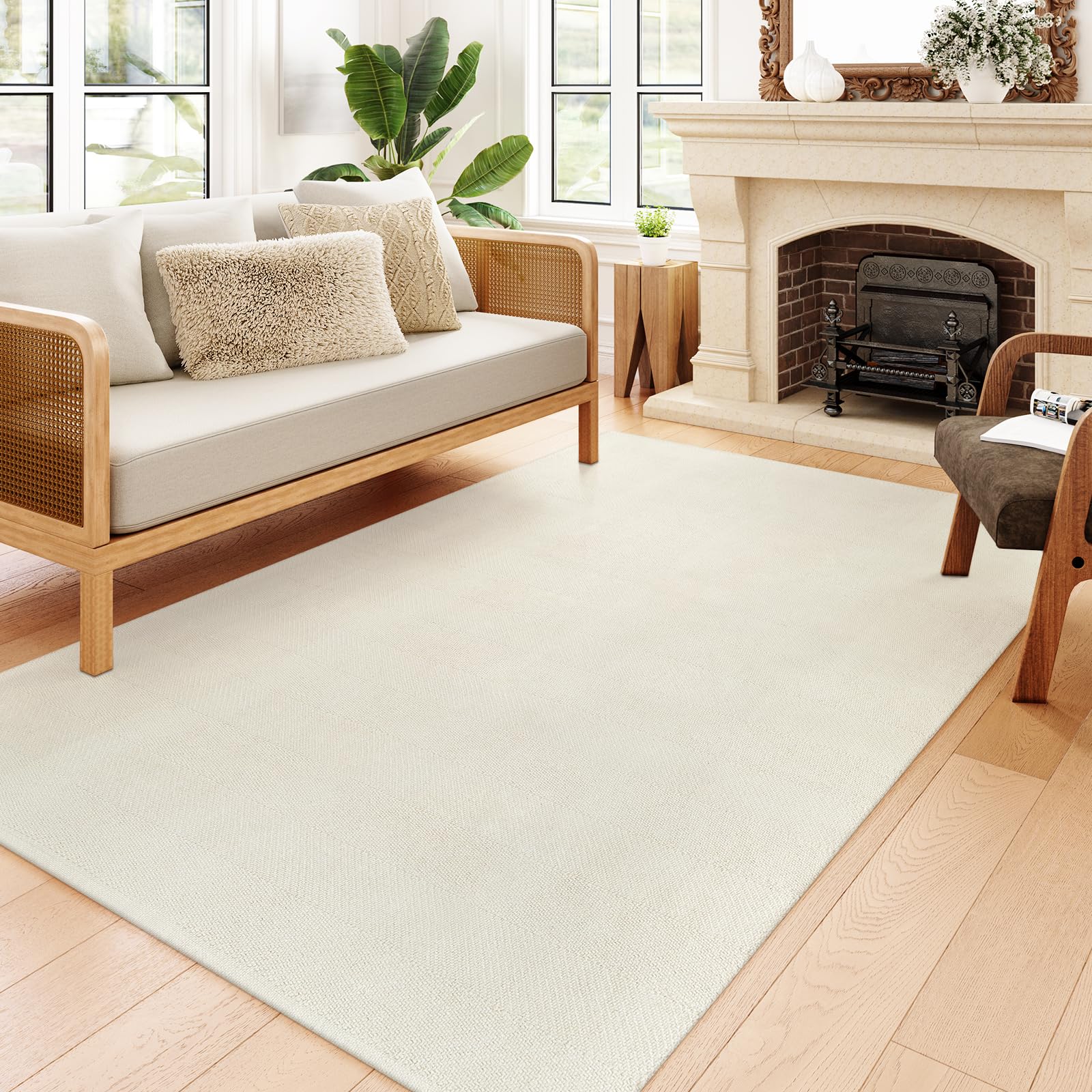 Collive Comfy Area Rug 4' x 6', Tan/Cream Woven Cotton Bedroom Rugs, Modern Indoor Accent Rug Floor Carpet with Tassel for Living Room, Nursery Room, Dining Room, Bedside, Office, Patio Decor