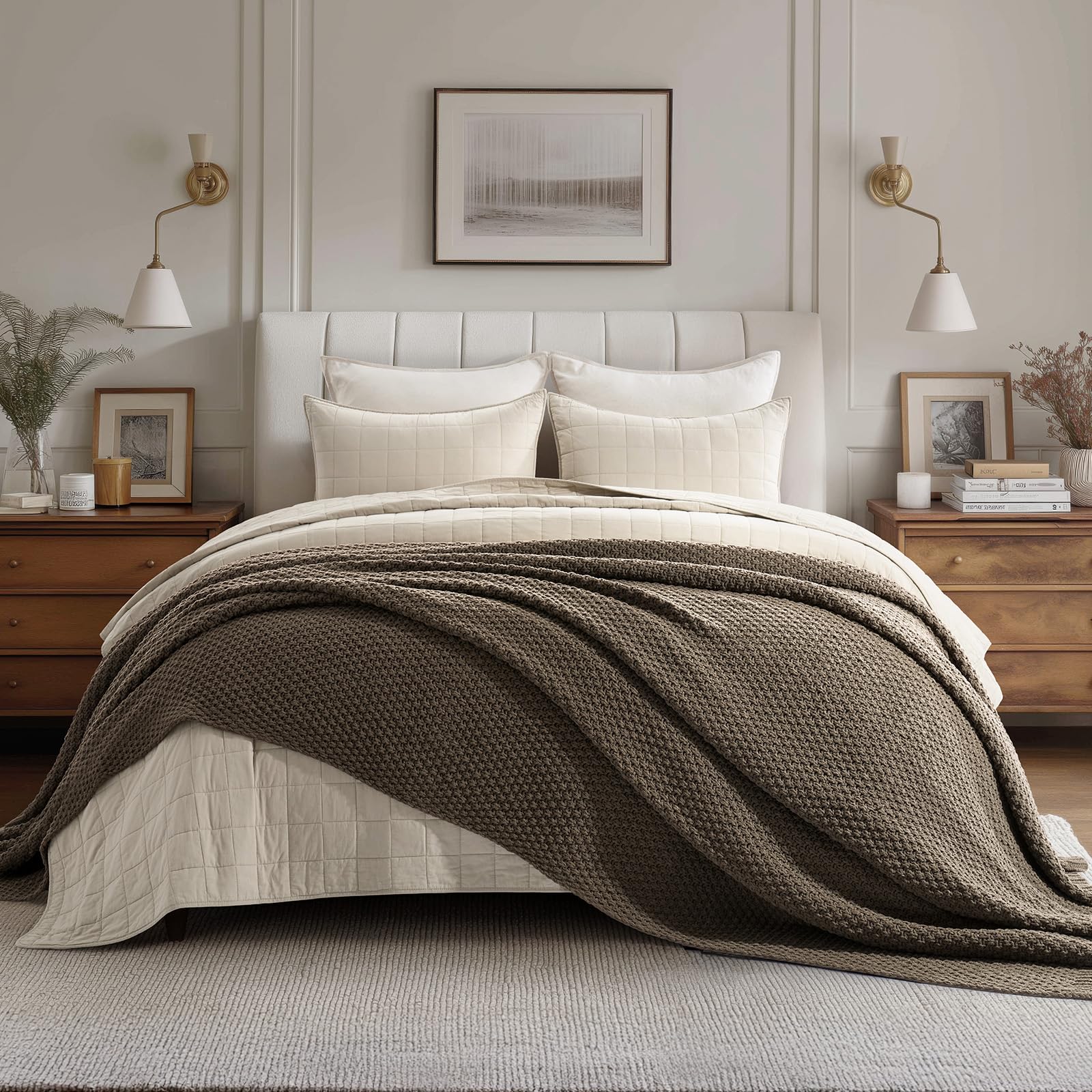 EVERGRACEHOME Chunky Chenille Knit Throw Blanket for Couch, Soft Luxurious Moss Stitch Blankets for Bed, Cozy Decorative Farmhouse Knitted Throws for Sofa, Mocha Brown, 50" x 60"