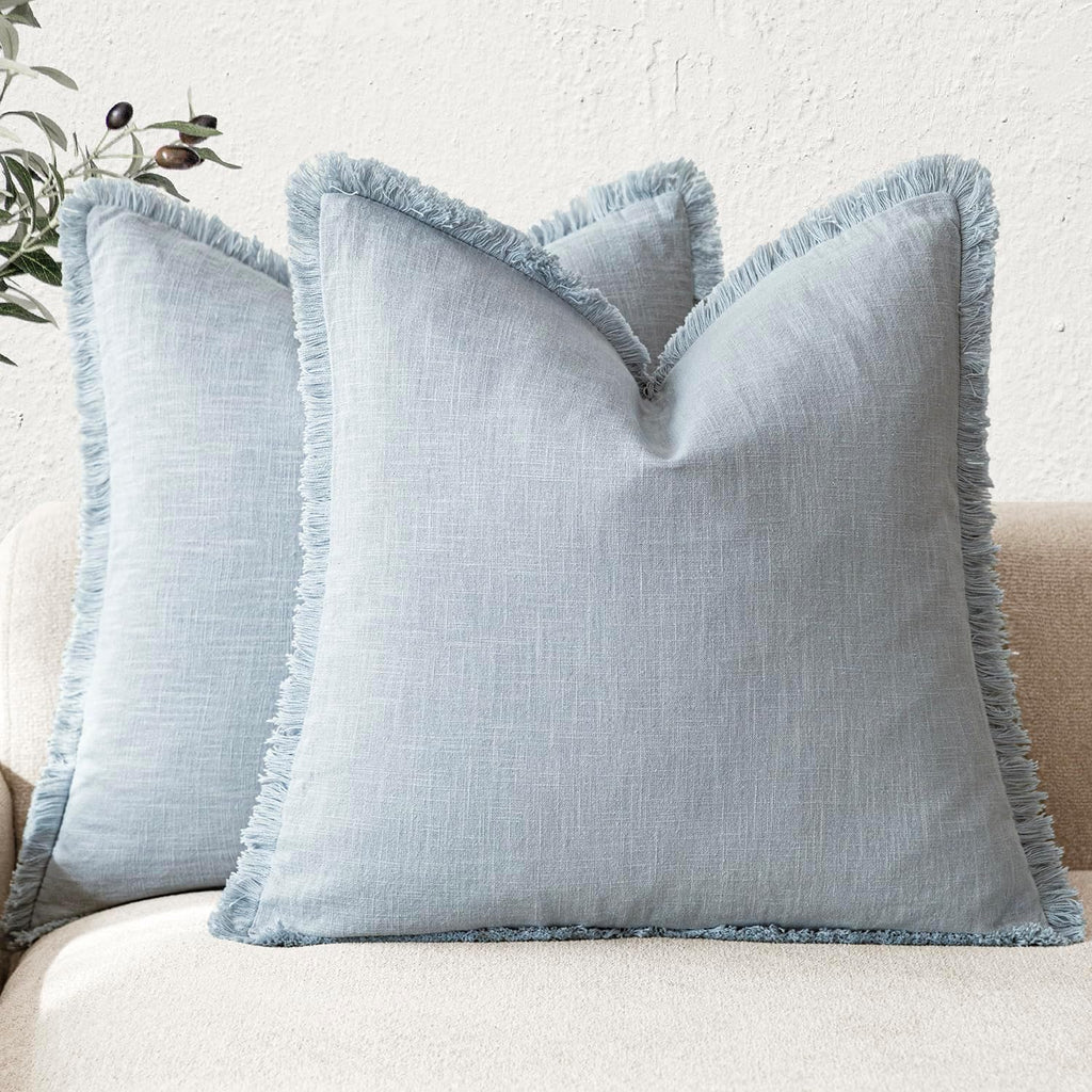 Foindtower Set of 2 Decorative Linen Fringe Throw Pillow Covers Boho Farmhouse Cushion Cover with Tassels Soft Accent Pillowcase for Couch Chair Sofa Bed Living Room Home Decor,20×20 Inch,Sky Blue