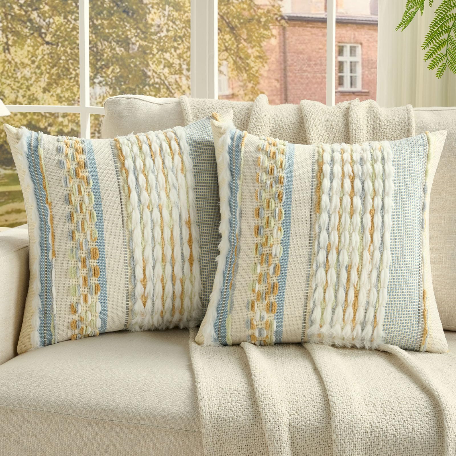 FUTEI Pack of 2 Boho Chenille Decorative Throw Pillow Covers 18x18 Inch Soft Plush Tufted Striped Textured Cushion Case,Farmhouse Accent for Couch Bed Living Room, Orange