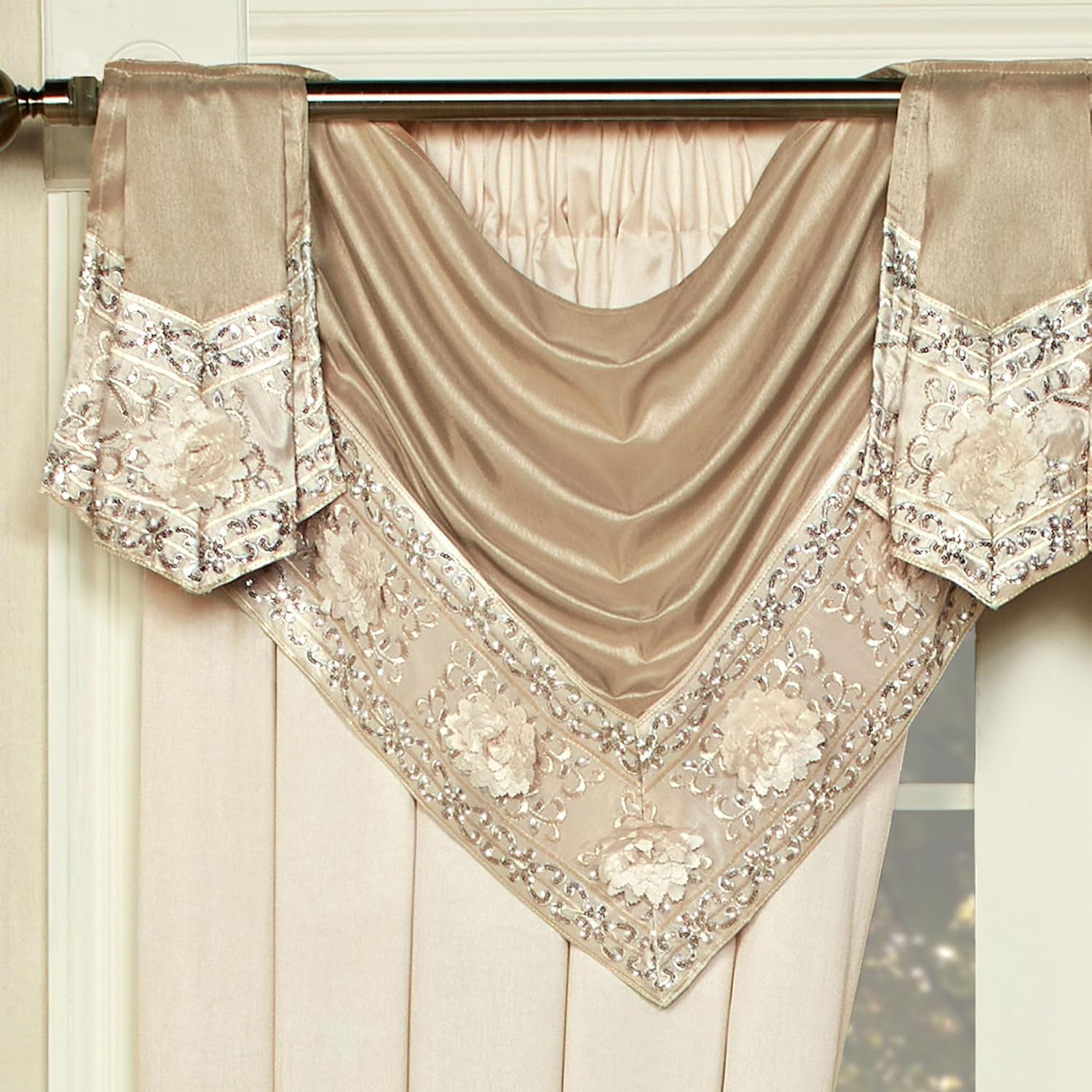 Luxury Elegante Sophisticated Polyester Faux Silk Window Treatment | Light Cream Ivory Metallic Gold | Sparkle Sequins Embroidery Floral | 3 Piece Set with Two Toga Swag Valances and 84L Curtain Pair