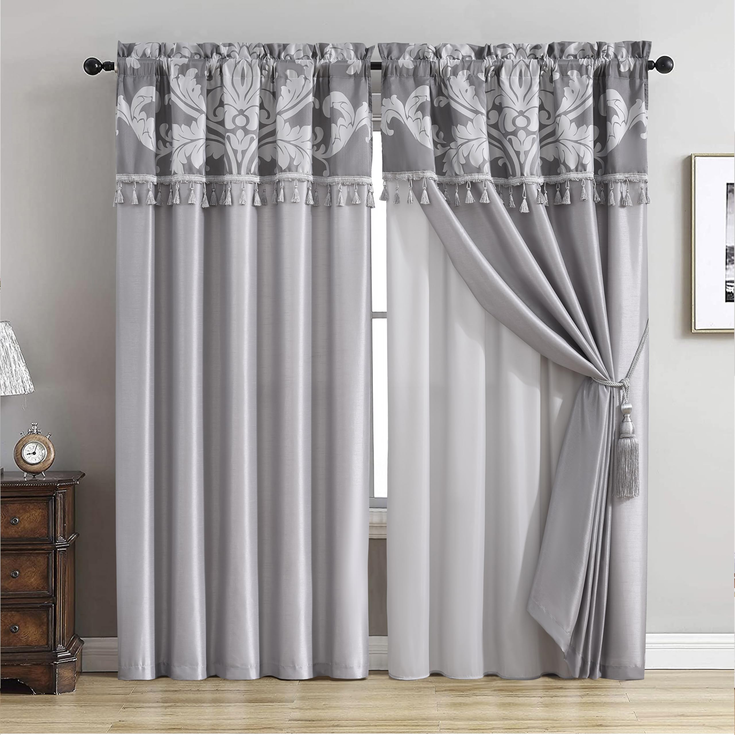 Chezmoi Collection Royale 4-Piece Jacquard Floral Window Curtain/Drape Set with Sheer Backing Valance Tassels, Champagne