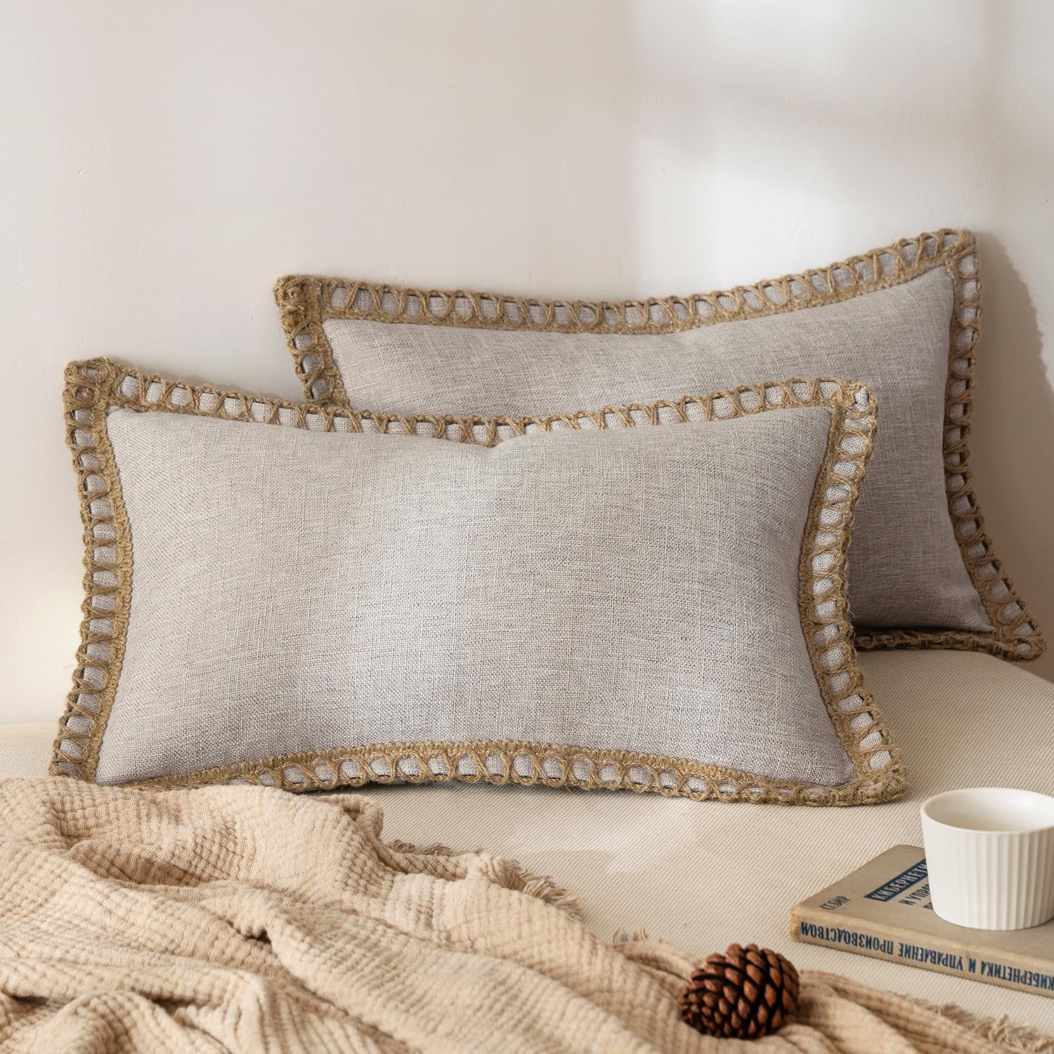 MIULEE Pack of 2 Decorative Throw Pillow Covers Modern Farmhouse Outdoor Pillow Covers Neutral Linen Burlap Cushions for Couch Bed Living Room Sofa, Natural White 18 x 18 inches 45 x 45 cm