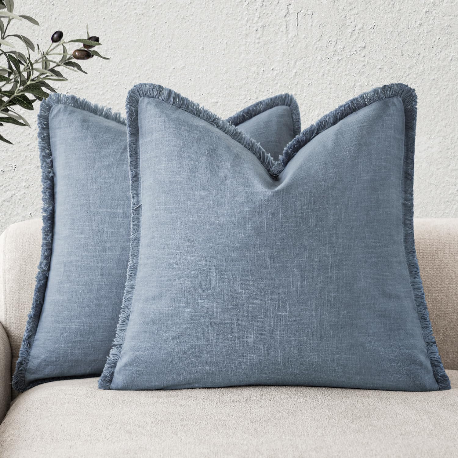 Foindtower Set of 2 Decorative Linen Fringe Throw Pillow Covers Boho Farmhouse Cushion Cover with Tassels Soft Accent Pillowcase for Couch Chair Sofa Bed Living Room Home Decor,20×20 Inch,Sky Blue