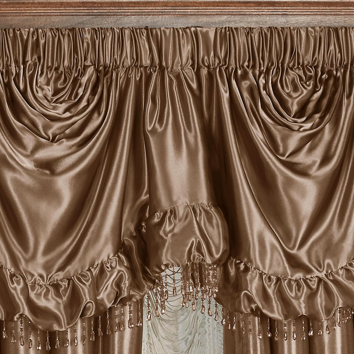 Touch of Class Portia Luxury Window Treatment | Rich Smoky Topaz | Premier Smooth Polyester Satin Elegant 2 Piece Lined Window Drapery Set with Empire Valance and 84 Inch Long Curtain Pair