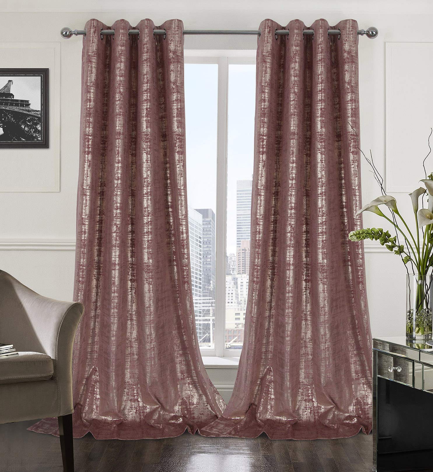Mocha Velvet 108" Long Curtains with Gold Foil Print Set of 2 Luxury Window Treatments