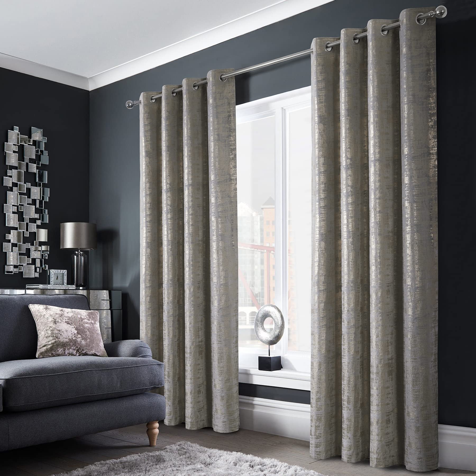 Mocha Velvet 108" Long Curtains with Gold Foil Print Set of 2 Luxury Window Treatments