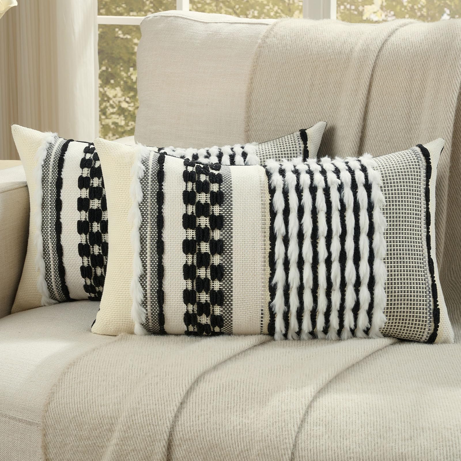 FUTEI Pack of 2 Boho Chenille Decorative Throw Pillow Covers 18x18 Inch Soft Plush Tufted Striped Textured Cushion Case,Farmhouse Accent for Couch Bed Living Room, Orange