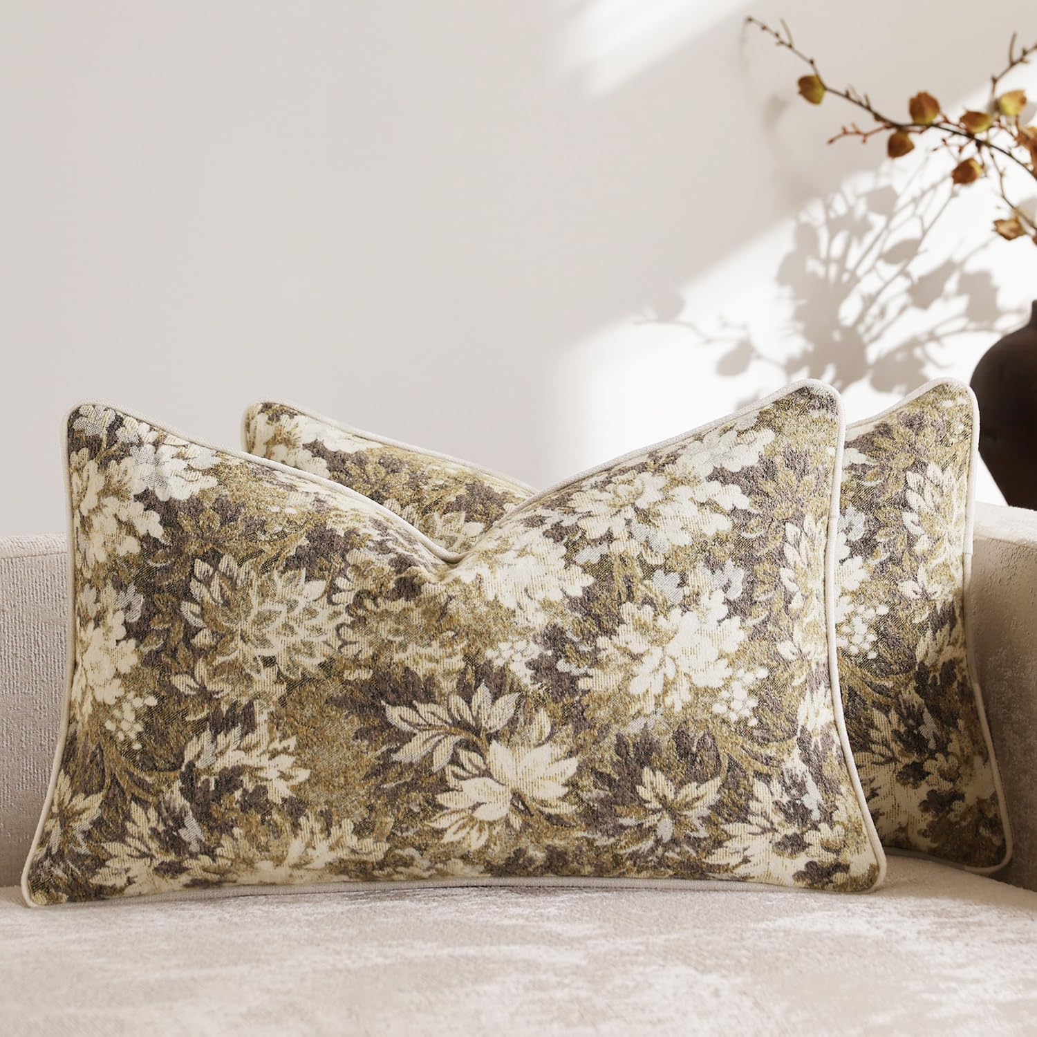 DEZENE Pack of 2 Vintage Floral Throw Pillow Covers 20x20 Boho Farmhouse Accents Chenille Square Decorative Pillow Cases for Living Room Couch Bed Home Decor, Dark Brown