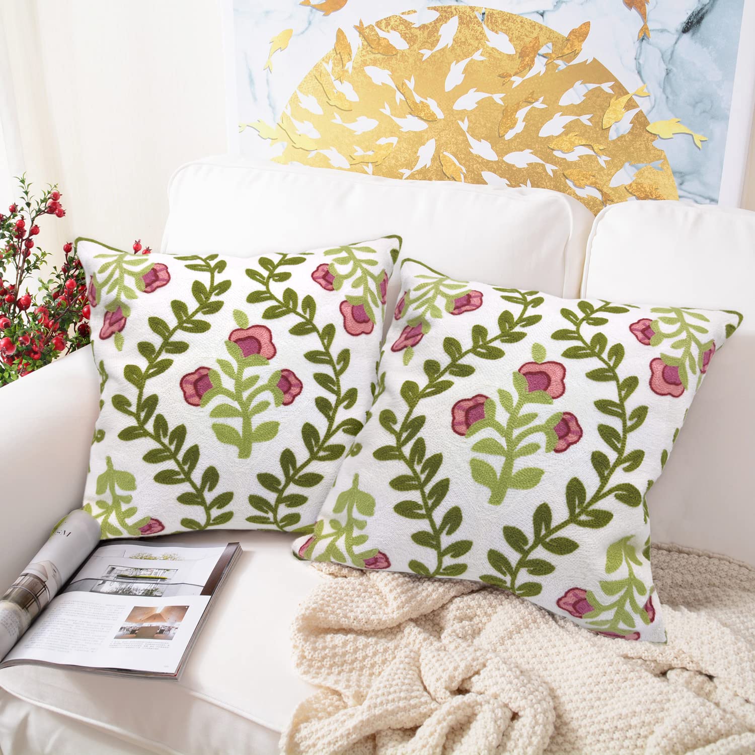 18 Inch Blue Floral Embroidered Cotton Pillow Covers Farmhouse Decor Set of 2
