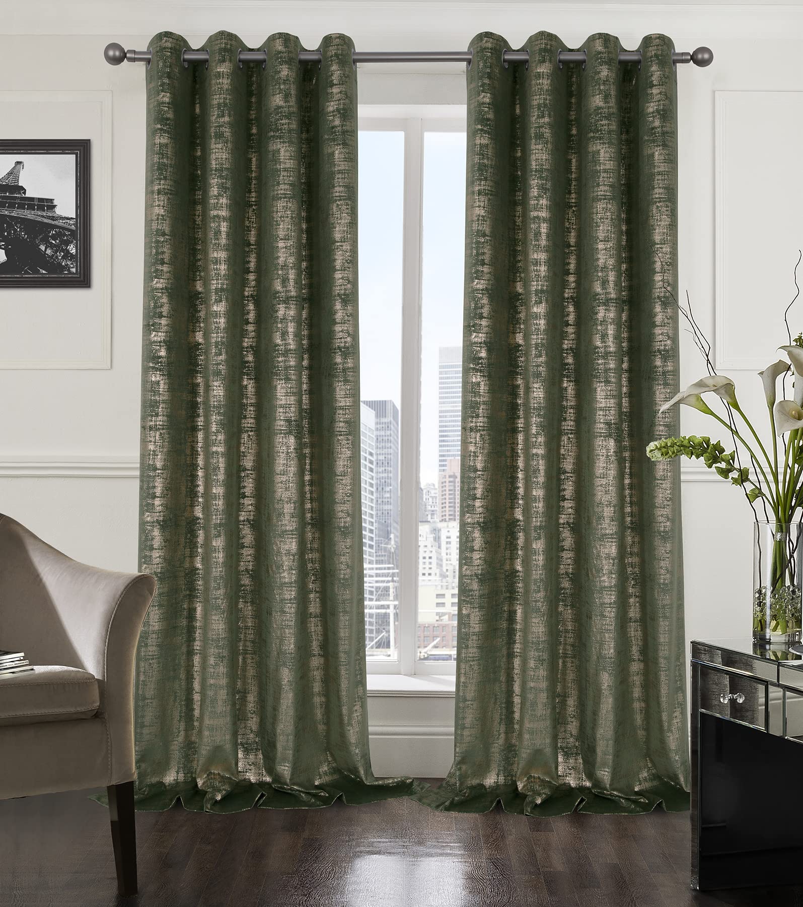 Mocha Velvet 108" Long Curtains with Gold Foil Print Set of 2 Luxury Window Treatments