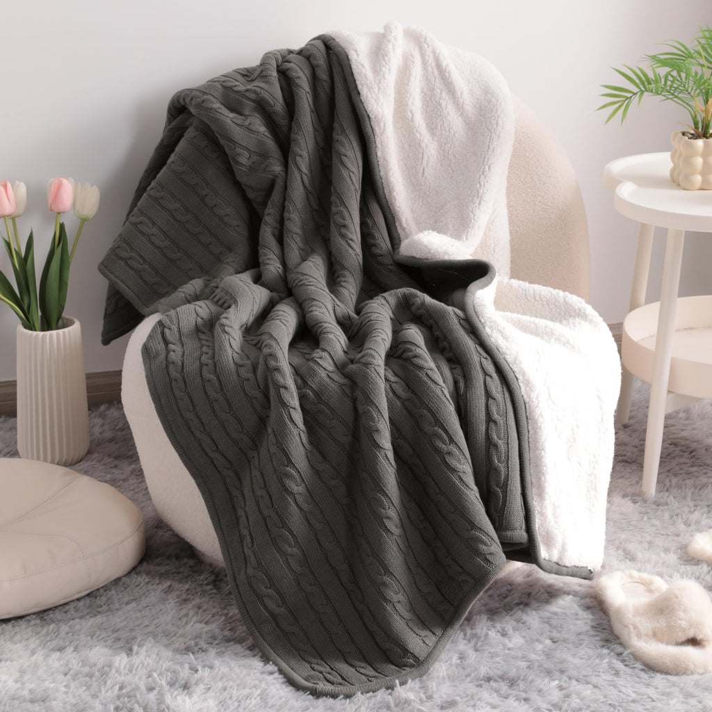 NTBAY Cotton Cable Knit Sherpa Throw Blanket for Couch (51"x67"), Soft Warm Fleece Knitted Throw for Bed, Sofa, Chair - Extra Cozy, Machine Washable, Comfortable Home Decor, Khaki