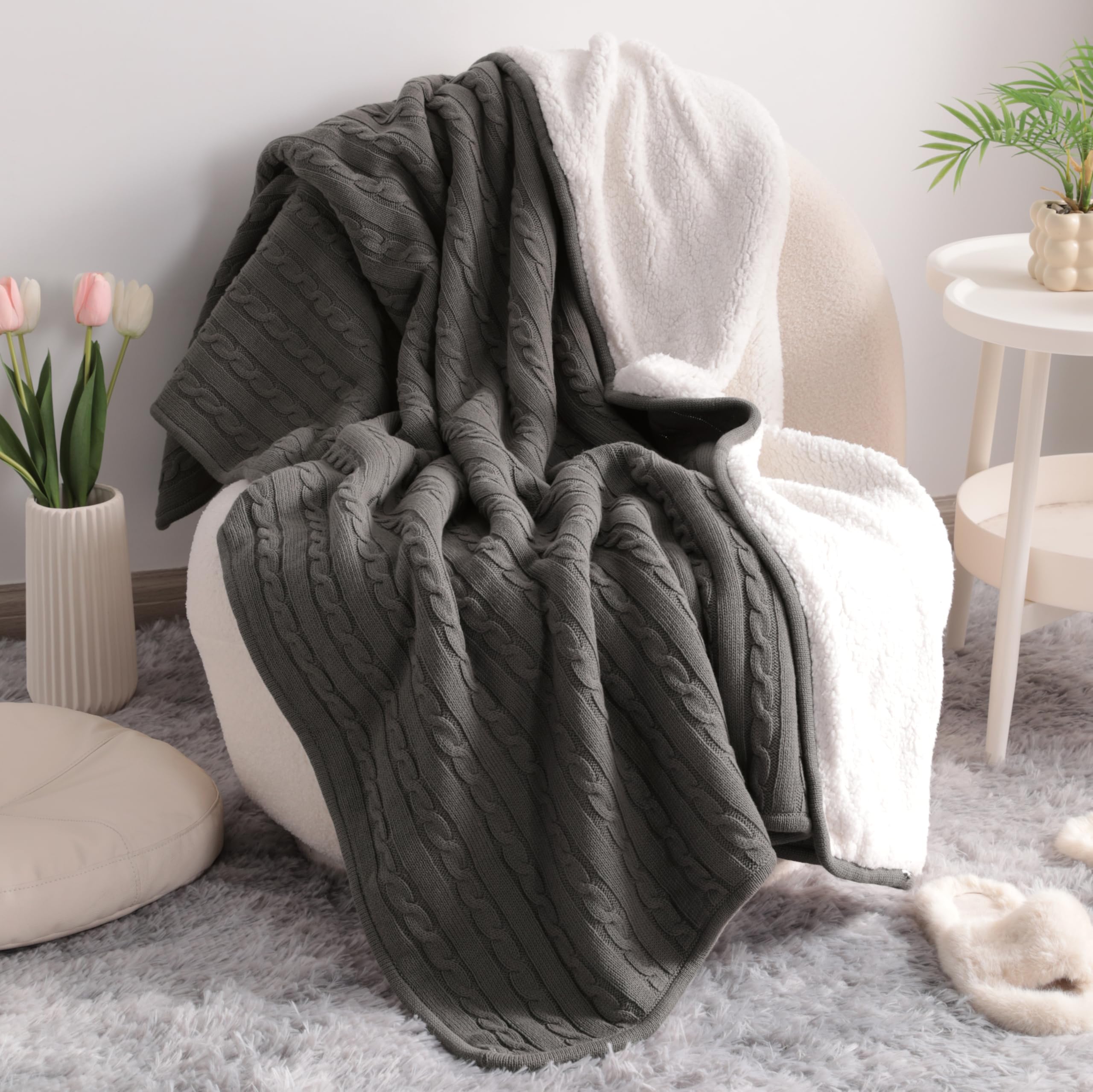 NTBAY Cotton Cable Knit Sherpa Throw Blanket for Couch (51"x67"), Soft Warm Fleece Knitted Throw for Bed, Sofa, Chair - Extra Cozy, Machine Washable, Comfortable Home Decor, Khaki