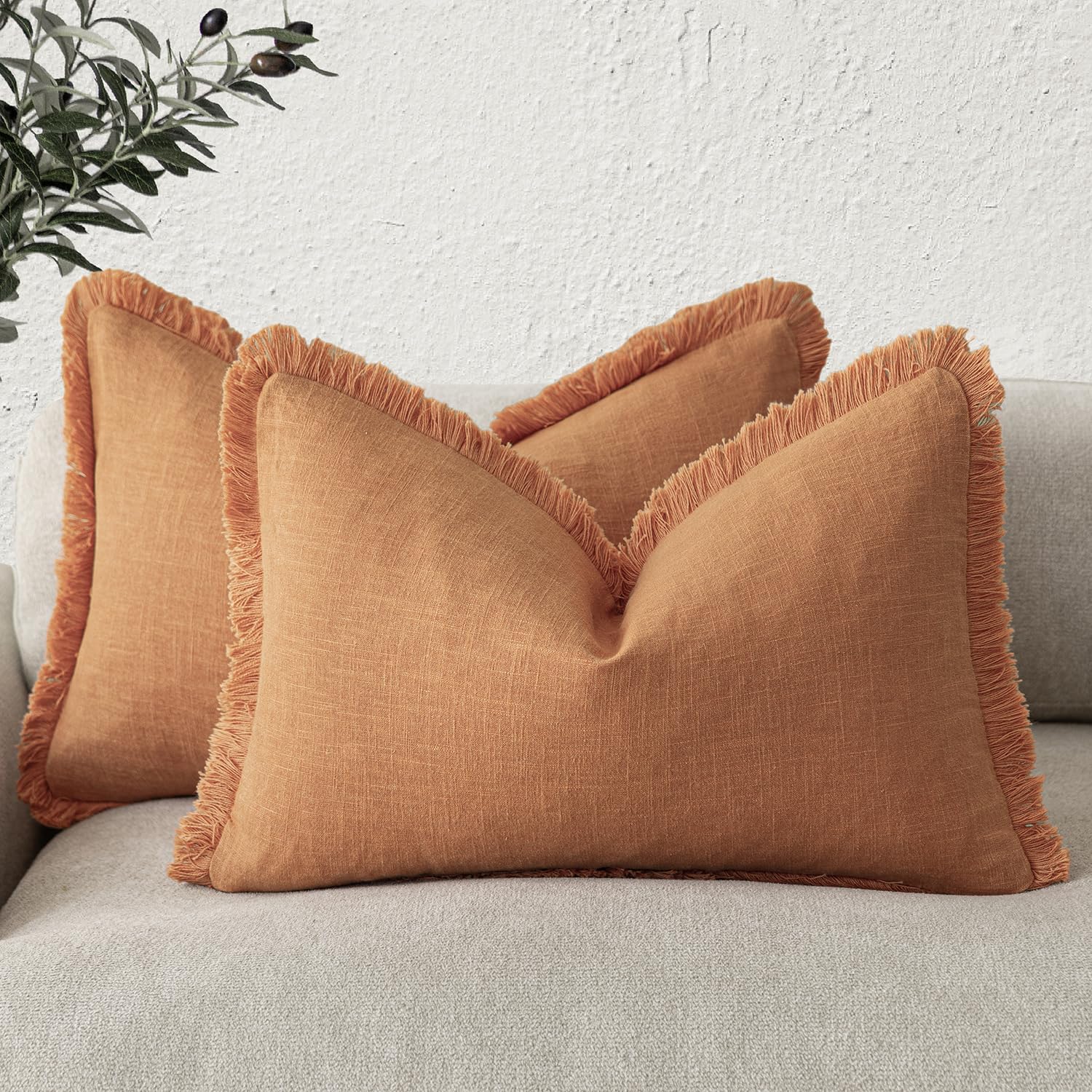 Foindtower Set of 2 Decorative Linen Fringe Throw Pillow Covers Boho Farmhouse Cushion Cover with Tassels Soft Accent Pillowcase for Couch Chair Sofa Bed Living Room Home Decor,20×20 Inch,Sky Blue