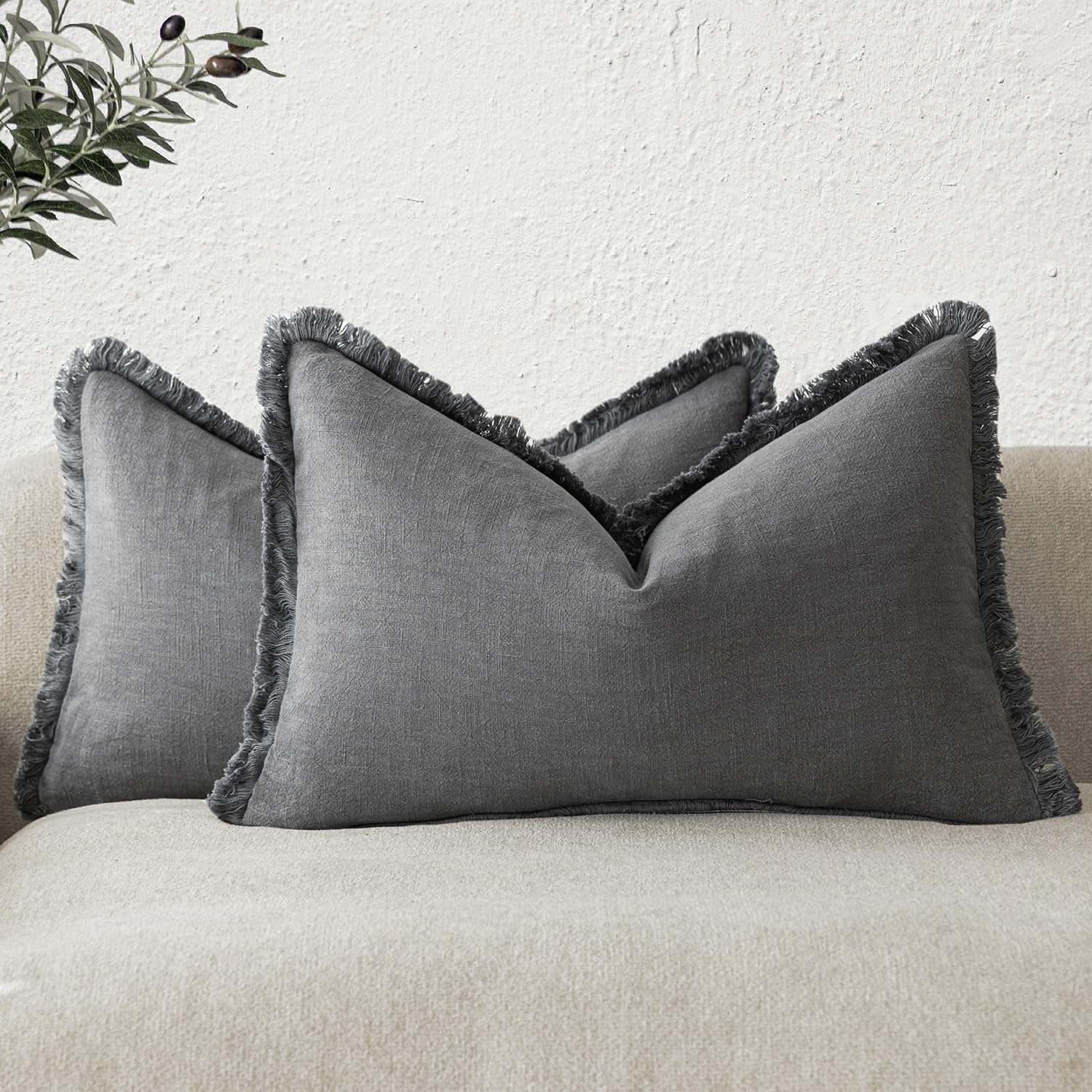 Foindtower Set of 2 Decorative Linen Fringe Throw Pillow Covers Boho Farmhouse Cushion Cover with Tassels Soft Accent Pillowcase for Couch Chair Sofa Bed Living Room Home Decor,20×20 Inch,Sky Blue