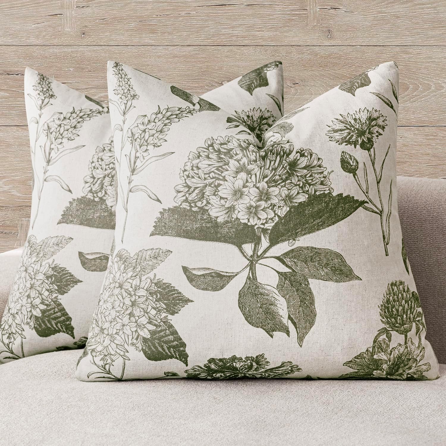 Foindtower Set of 2 Linen Floral Throw Pillow Covers Neutral Vintage Print Decorative Cushion Covers Farmhouse Boho Home Decor for Sofa Chair Couch Bedroom Living Room,22×22 Inch,Sage Green