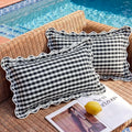 12x20 Navy Blue Gingham Plaid Scalloped Outdoor Lumbar Pillows Waterproof & Fade-Resistant Set of 2, Coastal Checkered Embroidered Ruffle Pillow Covers Decorative for Patio Furniture, Beach Decor