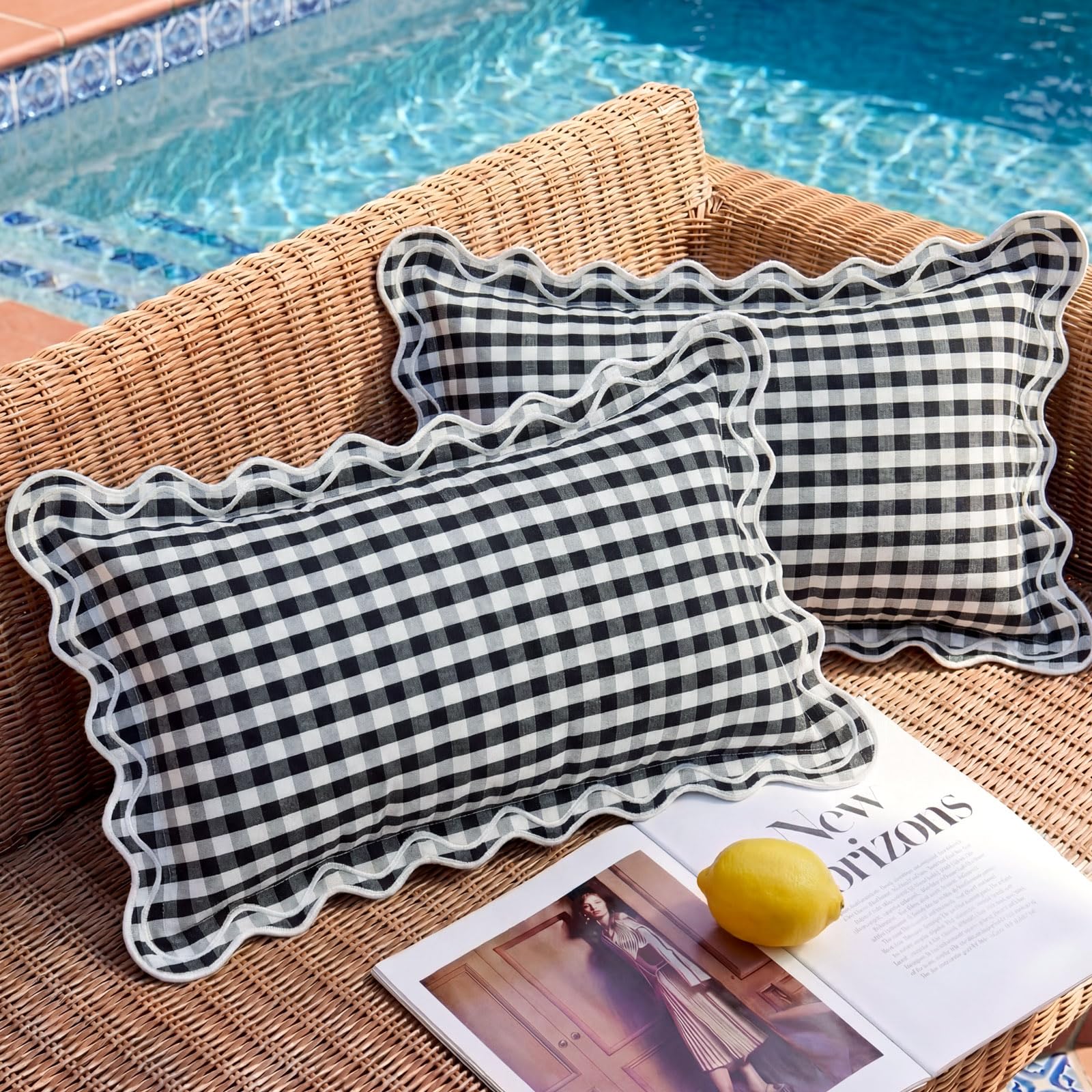 12x20 Navy Blue Gingham Plaid Scalloped Outdoor Lumbar Pillows Waterproof & Fade-Resistant Set of 2, Coastal Checkered Embroidered Ruffle Pillow Covers Decorative for Patio Furniture, Beach Decor