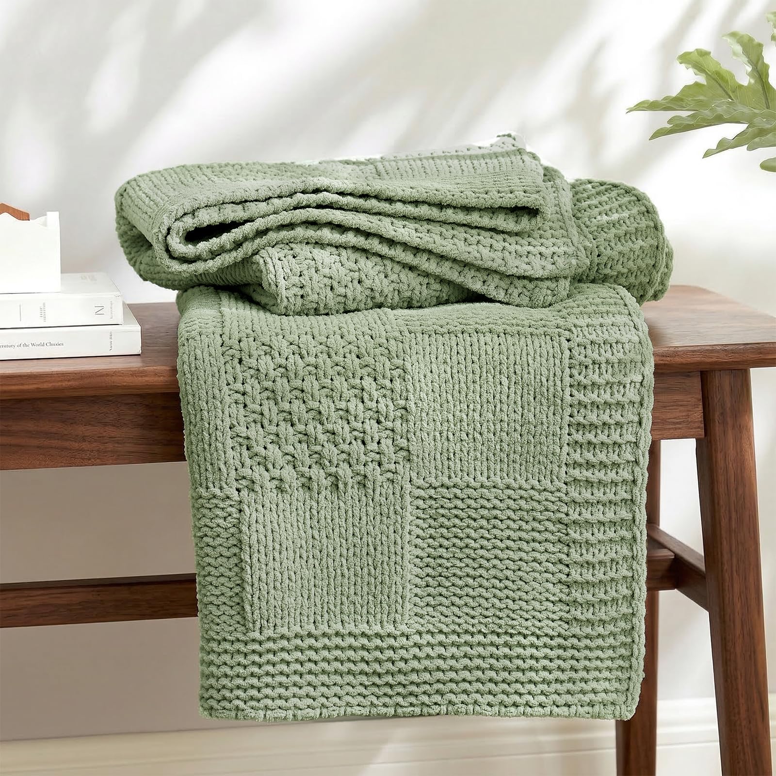 Sage Green Chunky Chenille Knit Throw Blanket 50x60 Inch Checkered Decor Blanket for Couch Bed