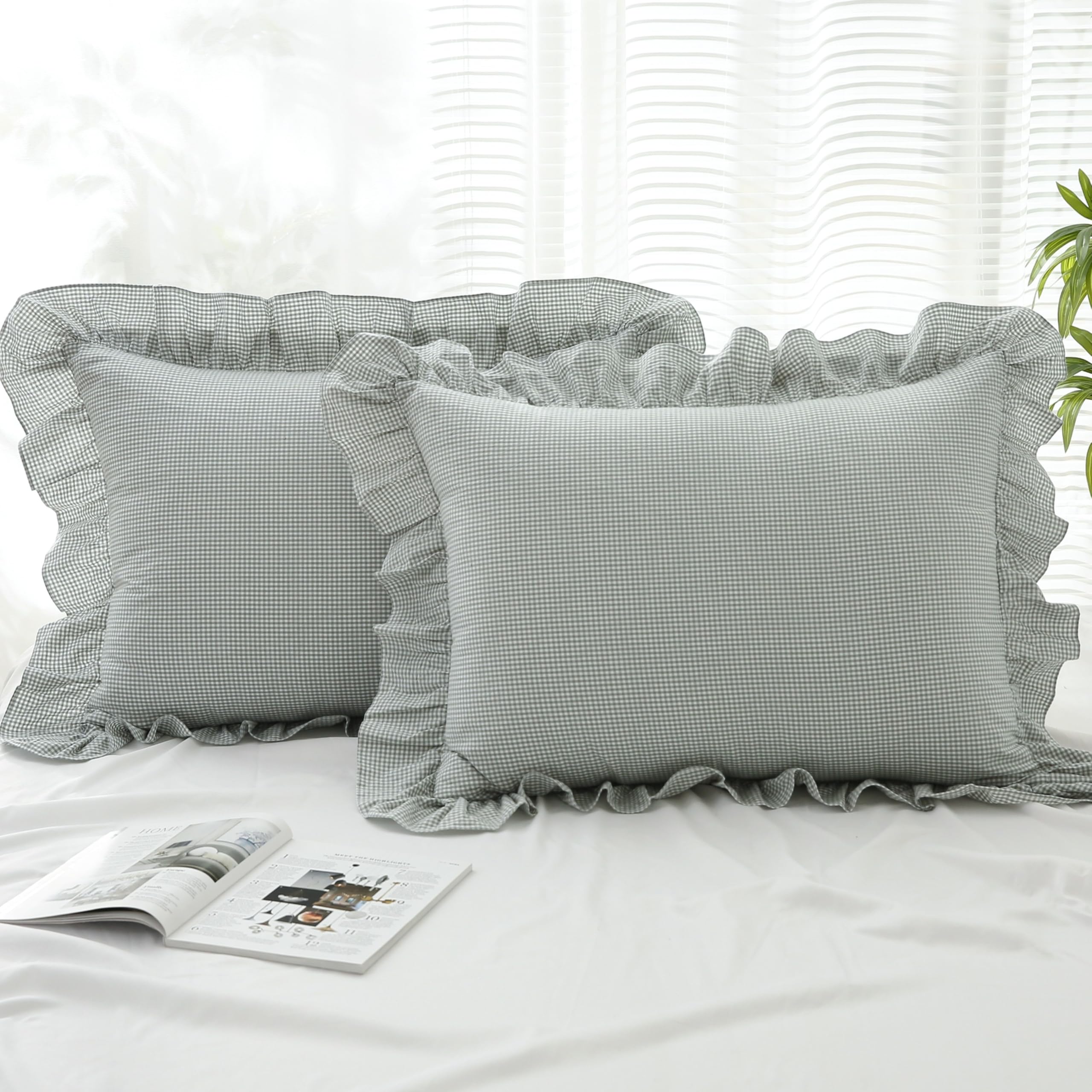 18x18 Taupe White Checkered Cotton Pillow Covers Ruffle Trim Zipper Decor Cushion Cases Set of 2