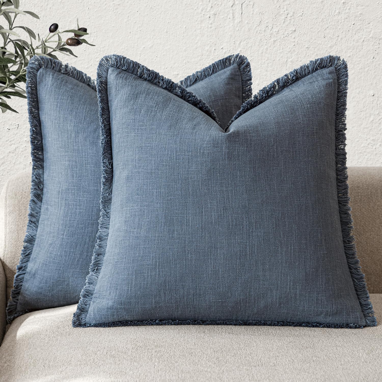 Foindtower Set of 2 Decorative Linen Fringe Throw Pillow Covers Boho Farmhouse Cushion Cover with Tassels Soft Accent Pillowcase for Couch Chair Sofa Bed Living Room Home Decor,20×20 Inch,Sky Blue