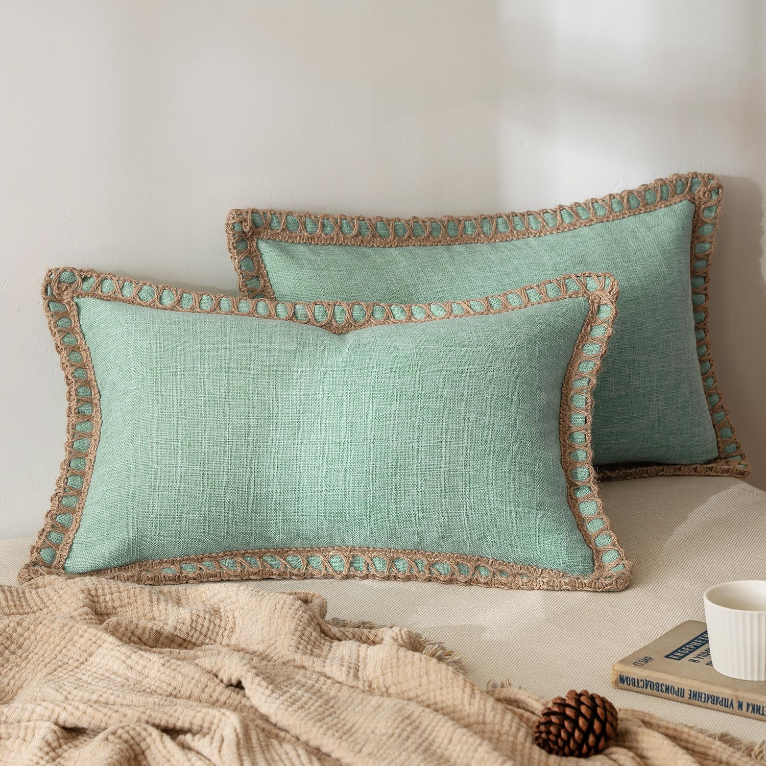 MIULEE Pack of 2 Decorative Throw Pillow Covers Modern Farmhouse Outdoor Pillow Covers Neutral Linen Burlap Cushions for Couch Bed Living Room Sofa, Natural White 18 x 18 inches 45 x 45 cm