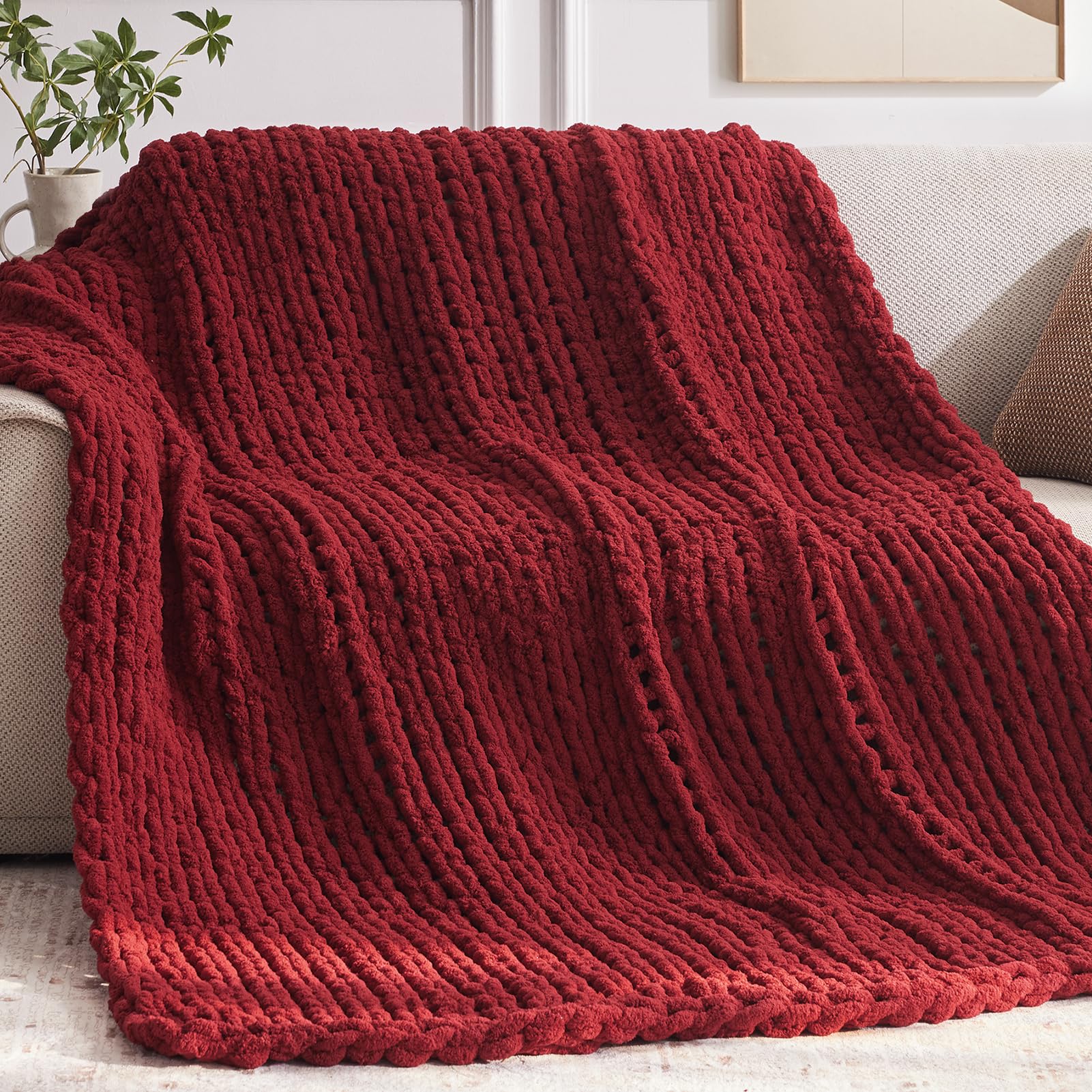 Negwoo Chunky Knit Throw Blanket, 50''*60'' Knitted Throw Chenille Yarn for Bed Couch, Handmade Cream Crochet Big Thick Blanket, Machine Washable Cute Comfy Blanket for Home Decor