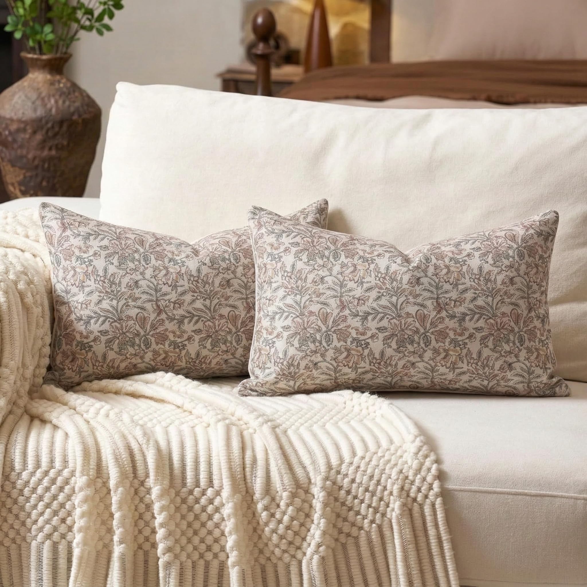 Amor Virisso Floral Throw Pillow Covers 20x20 Set of 2 Vintage Block Print Pillow Covers Decorative Pillow Covers Couch Pillows for Living Room Farmhouse Accent Sofa Pillows, Red/Sand