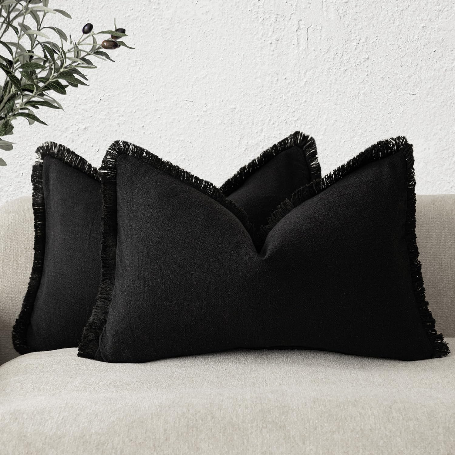 Foindtower Set of 2 Decorative Linen Fringe Throw Pillow Covers Boho Farmhouse Cushion Cover with Tassels Soft Accent Pillowcase for Couch Chair Sofa Bed Living Room Home Decor,20×20 Inch,Sky Blue