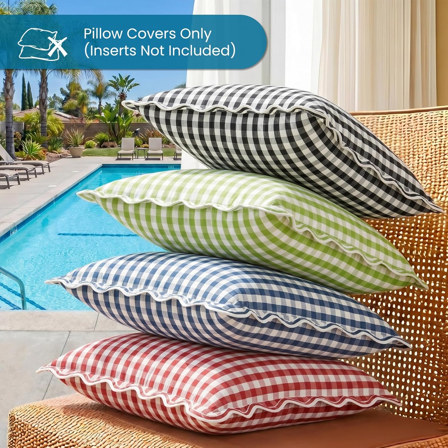 12x20 Navy Blue Gingham Plaid Scalloped Outdoor Lumbar Pillows Waterproof & Fade-Resistant Set of 2, Coastal Checkered Embroidered Ruffle Pillow Covers Decorative for Patio Furniture, Beach Decor